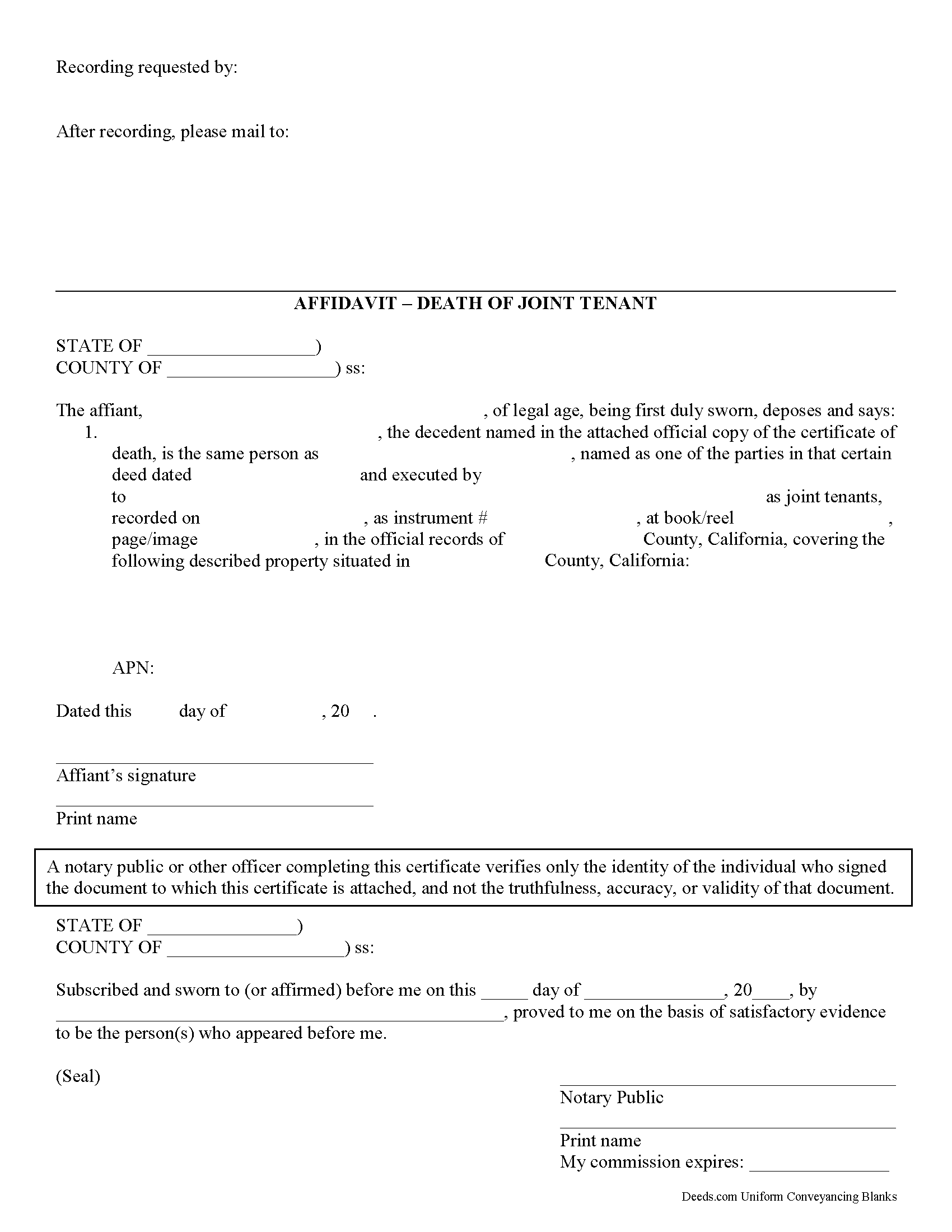 Affidavit Death of Joint Tenant