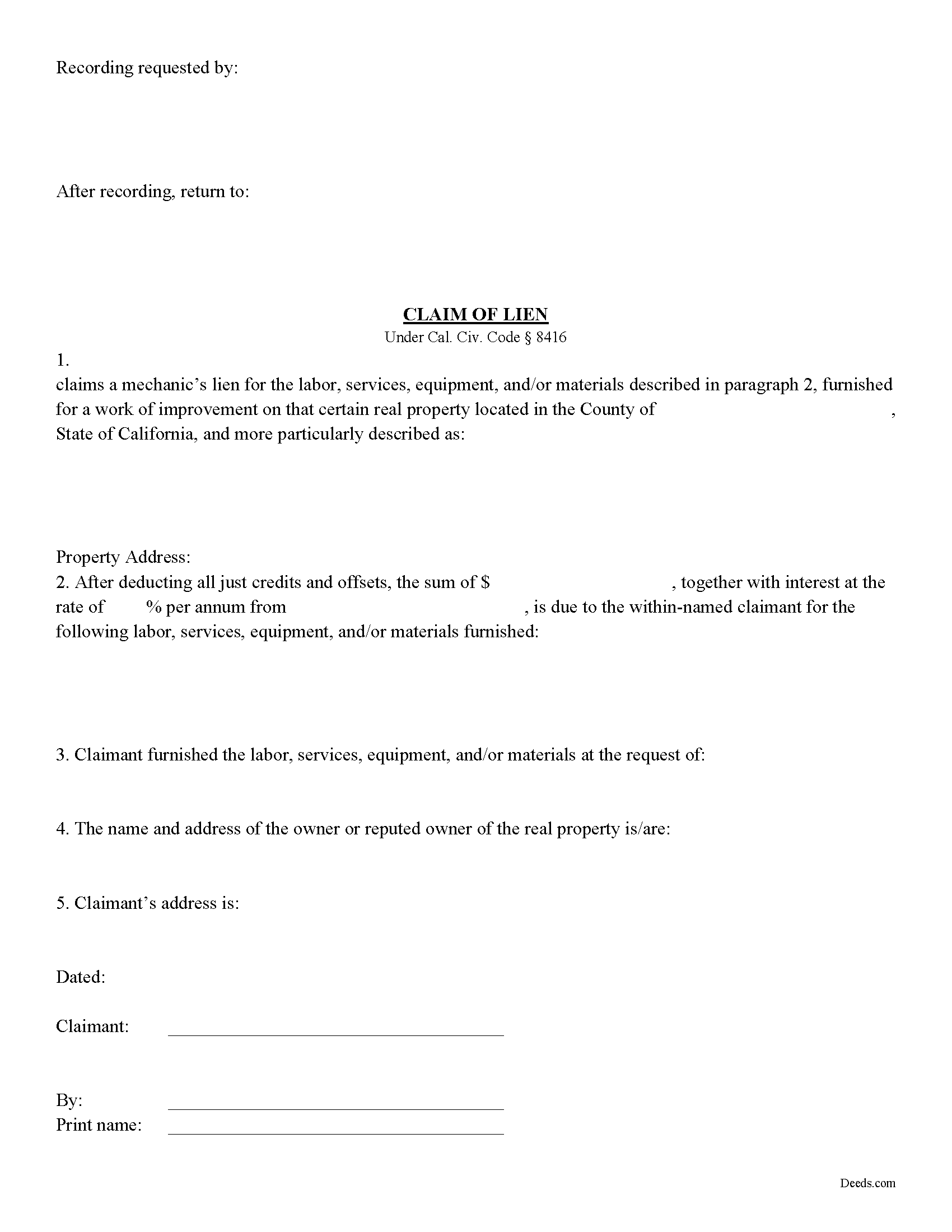 California Notice of Mechanics Lien Image
