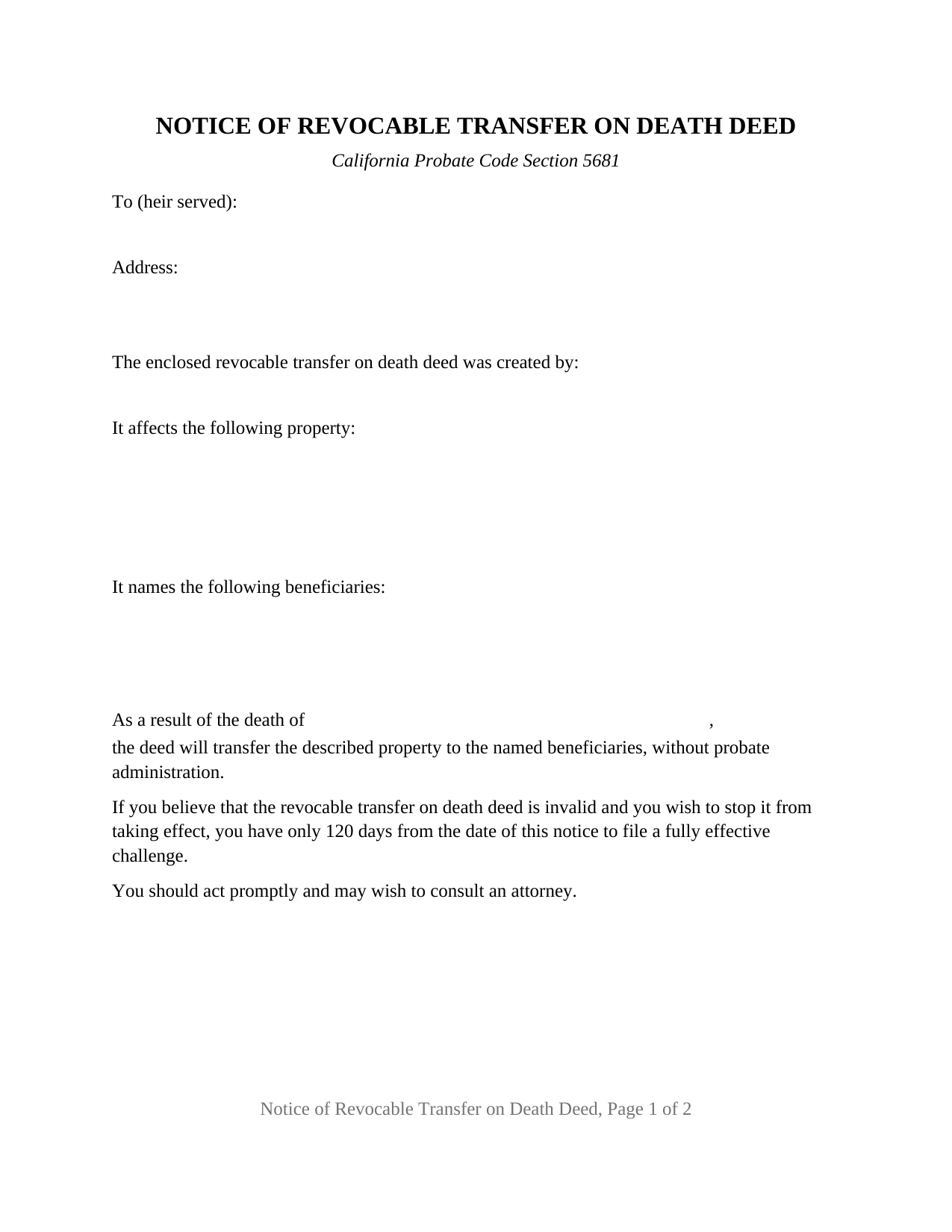 California Notice of Revocable Transfer on Death Deed
