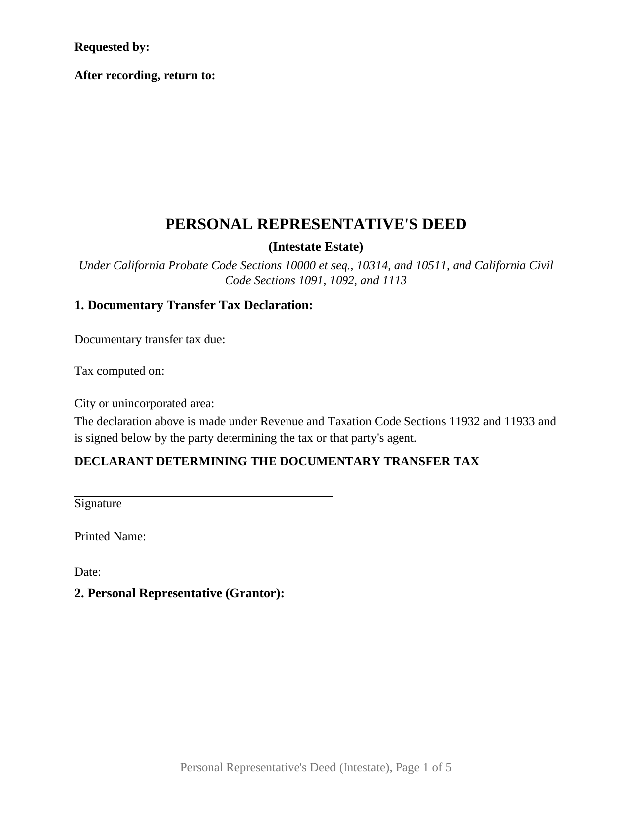 California Personal Representative Deed (Intestate)