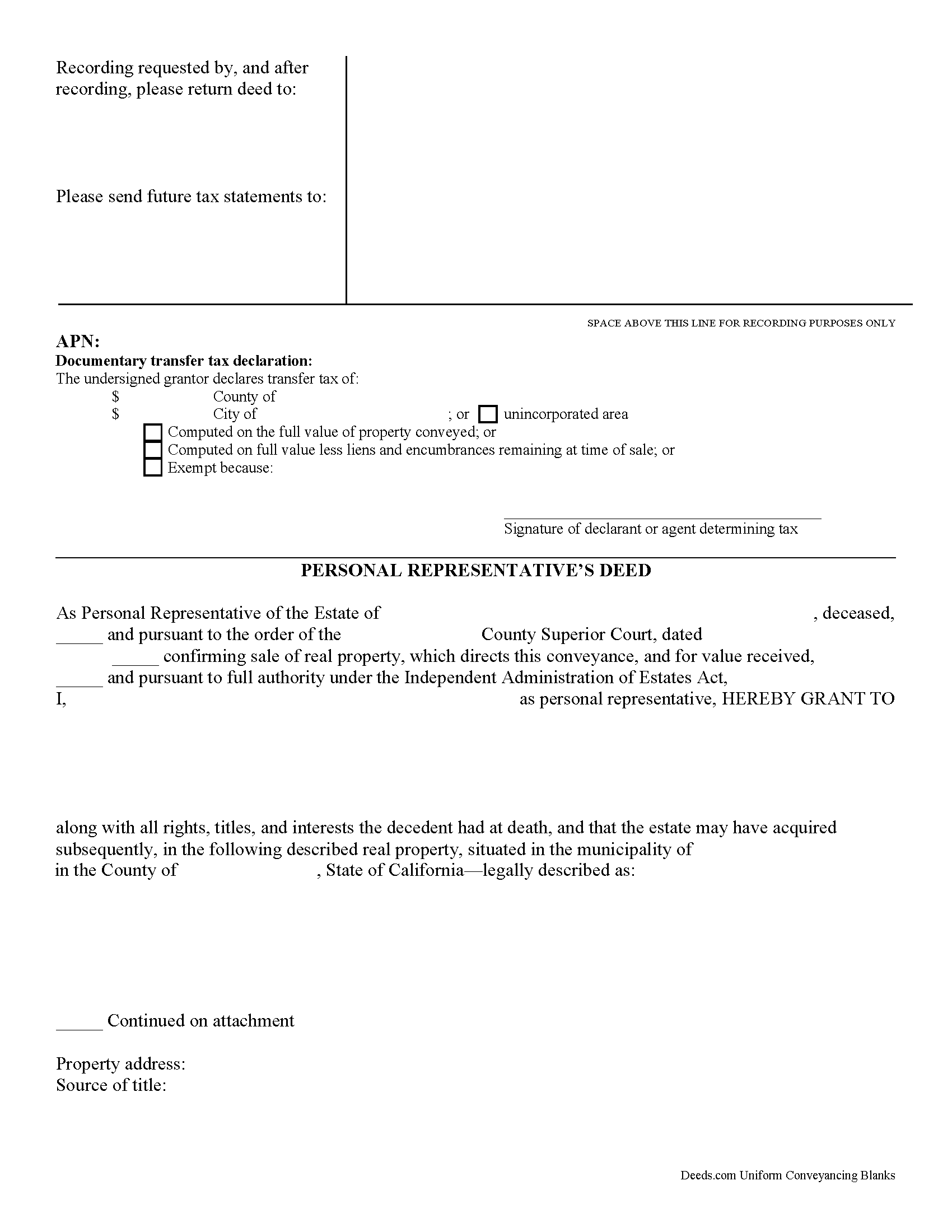 California Personal Representative Deed Image