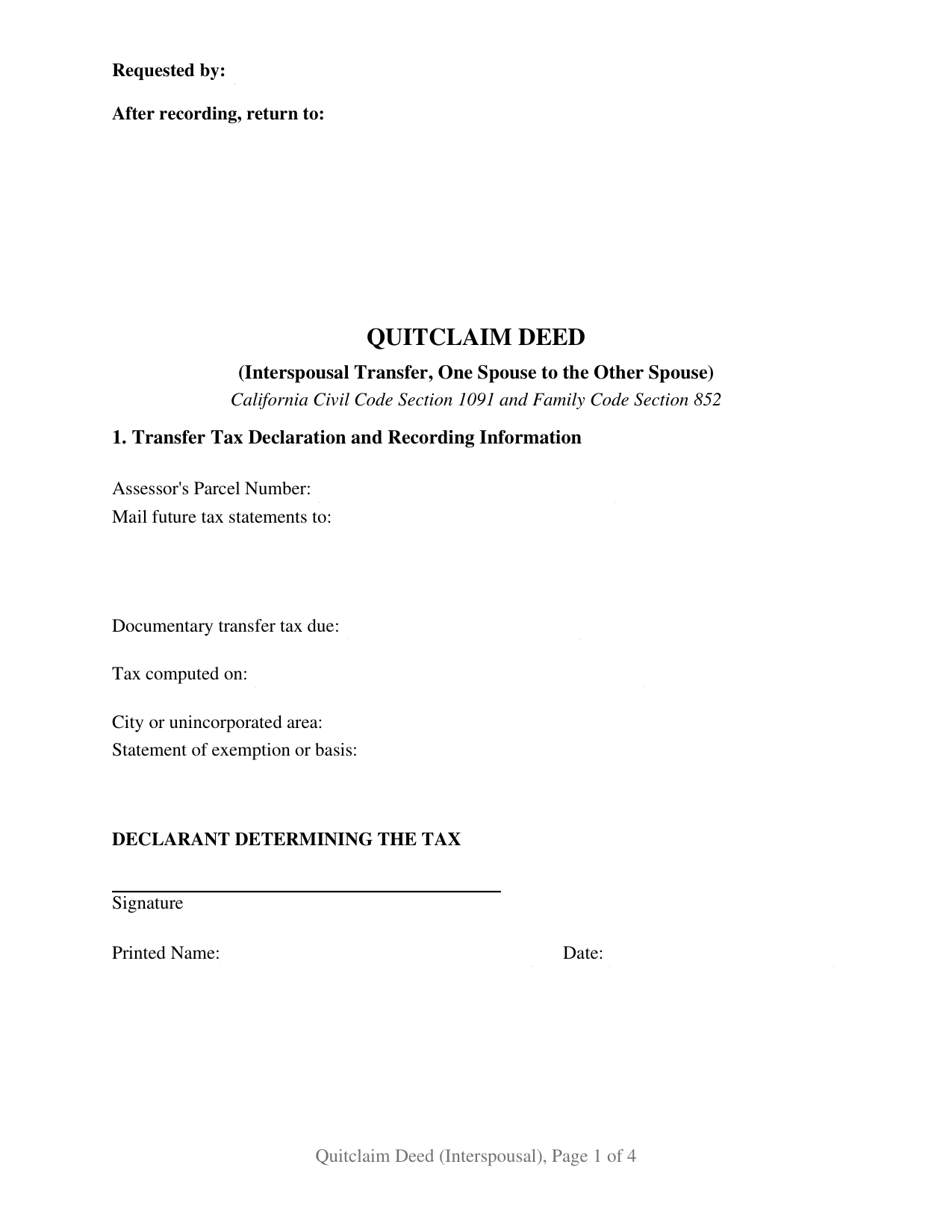 California Quitclaim Deed (Interspousal)