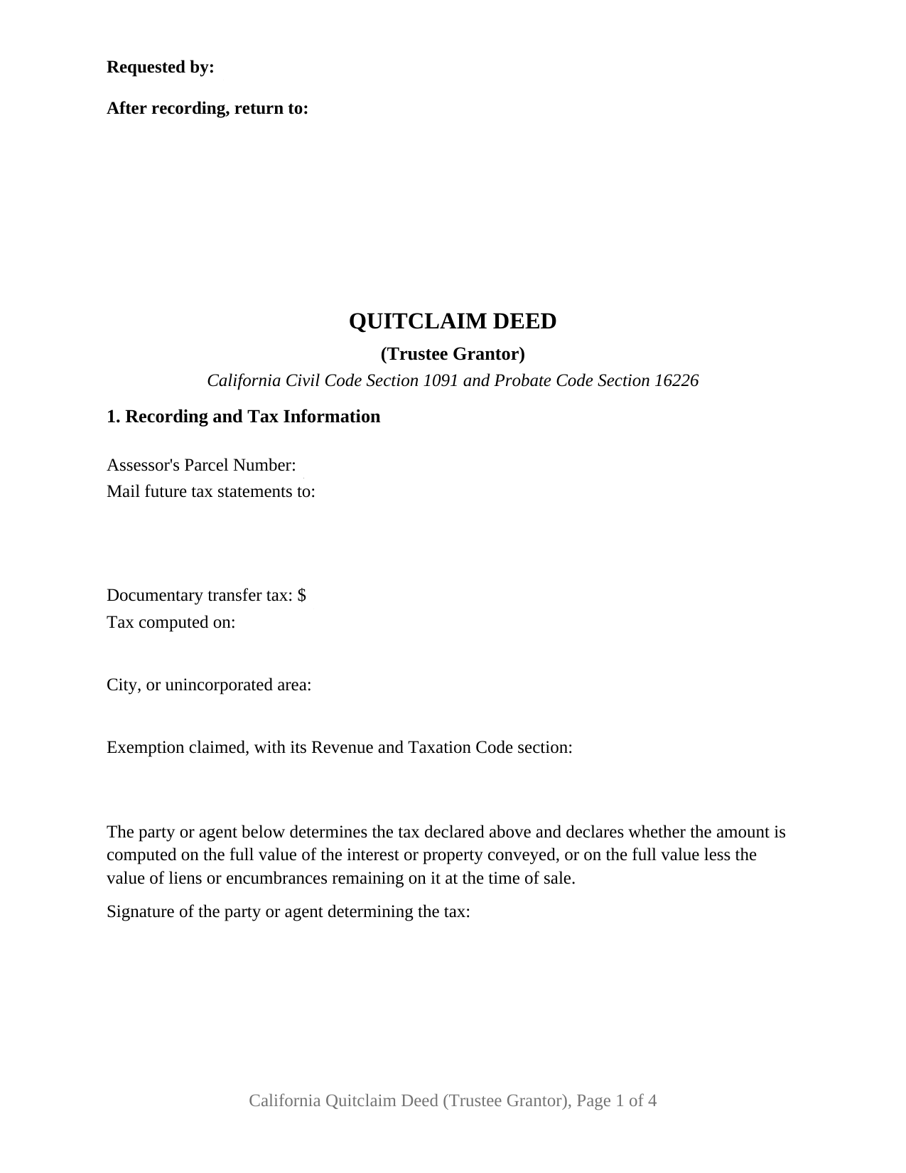 California Quitclaim Deed (Trustee Grantor)