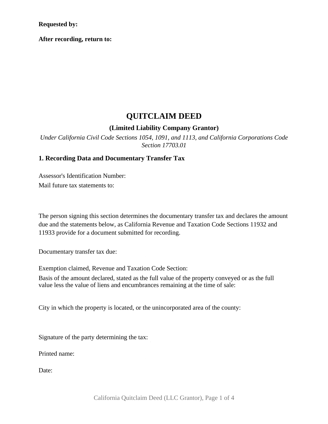 California Quitclaim Deed (LLC Grantor)