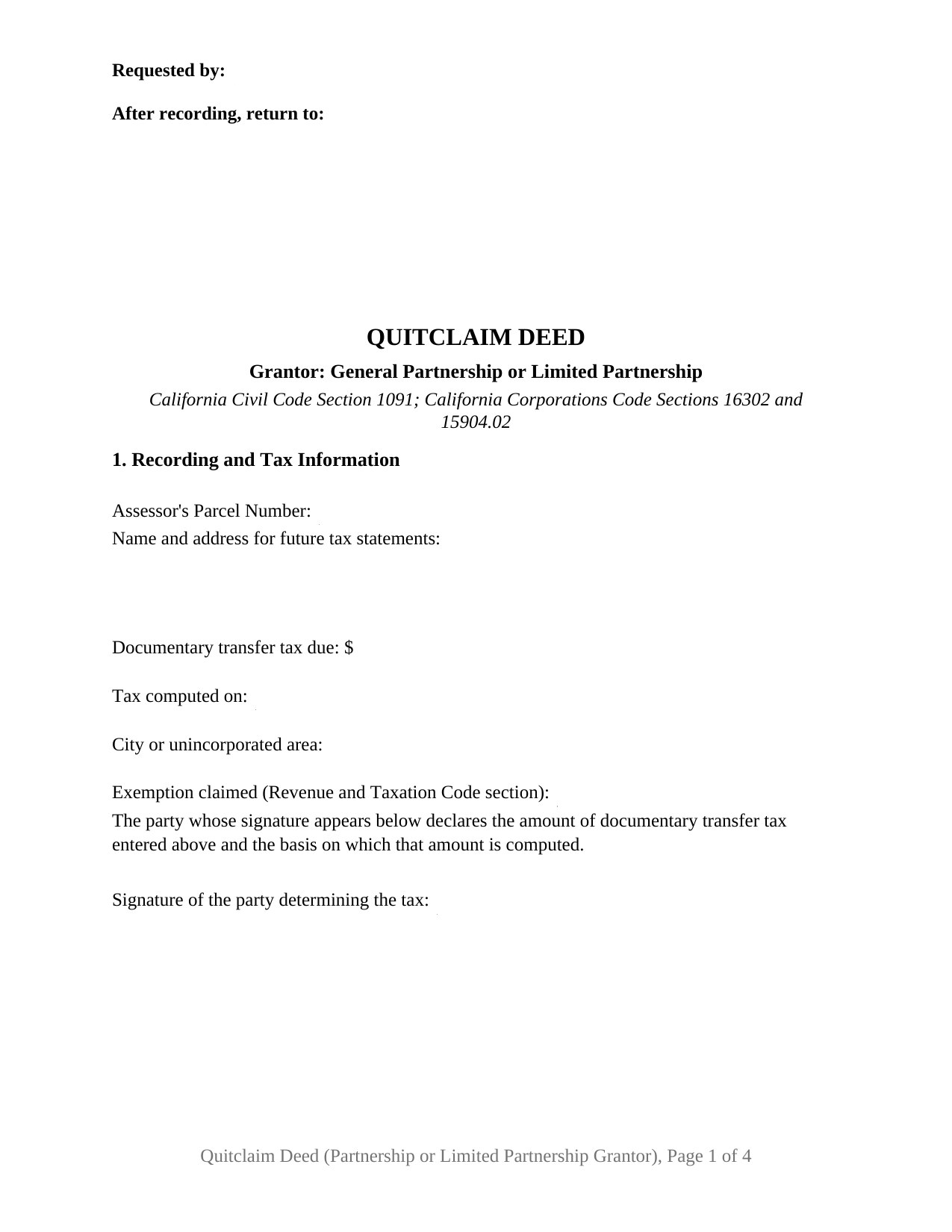 California Quitclaim Deed (Partnership or Limited Partnership Grantor)