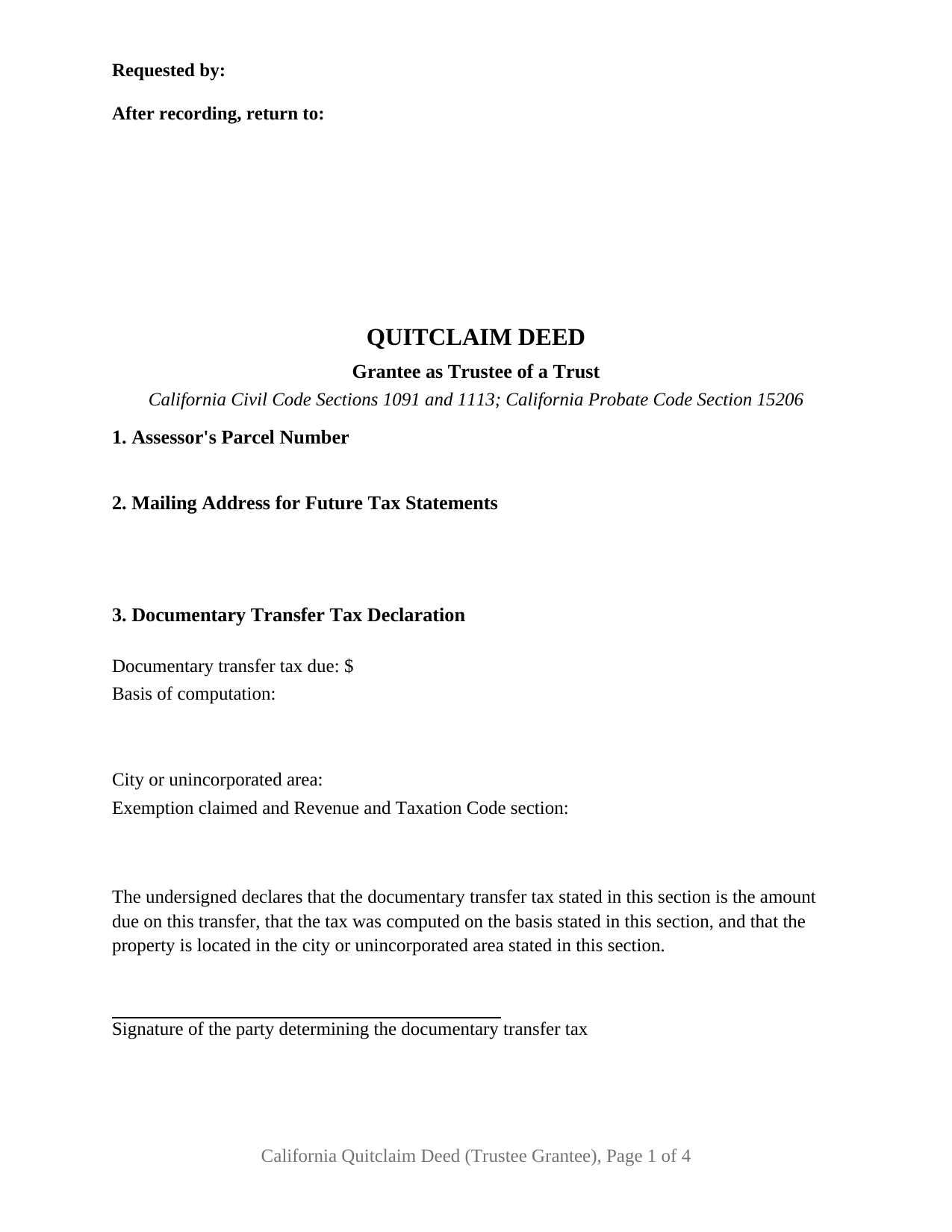 California Quitclaim Deed (Trustee Grantee)