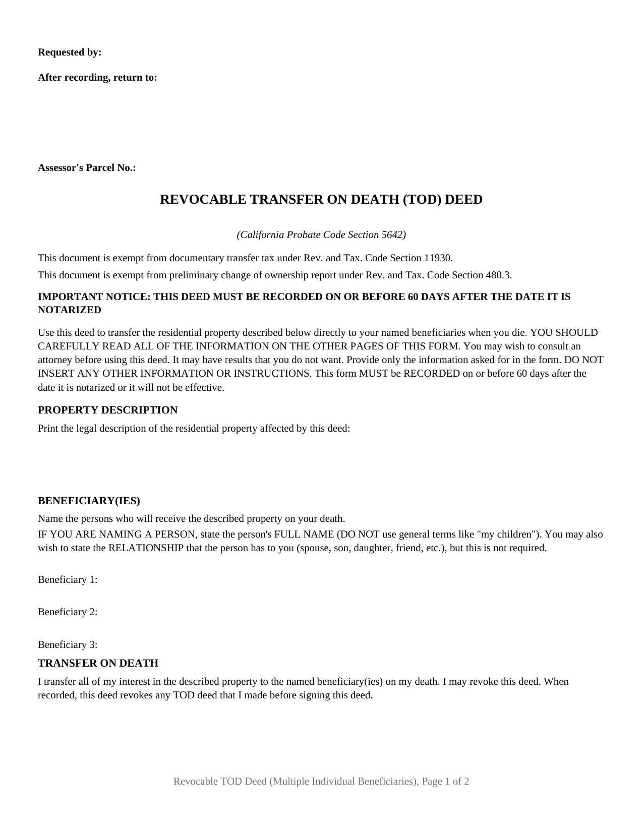 California Revocable Transfer on Death Deed (Multiple Individual Beneficiaries)