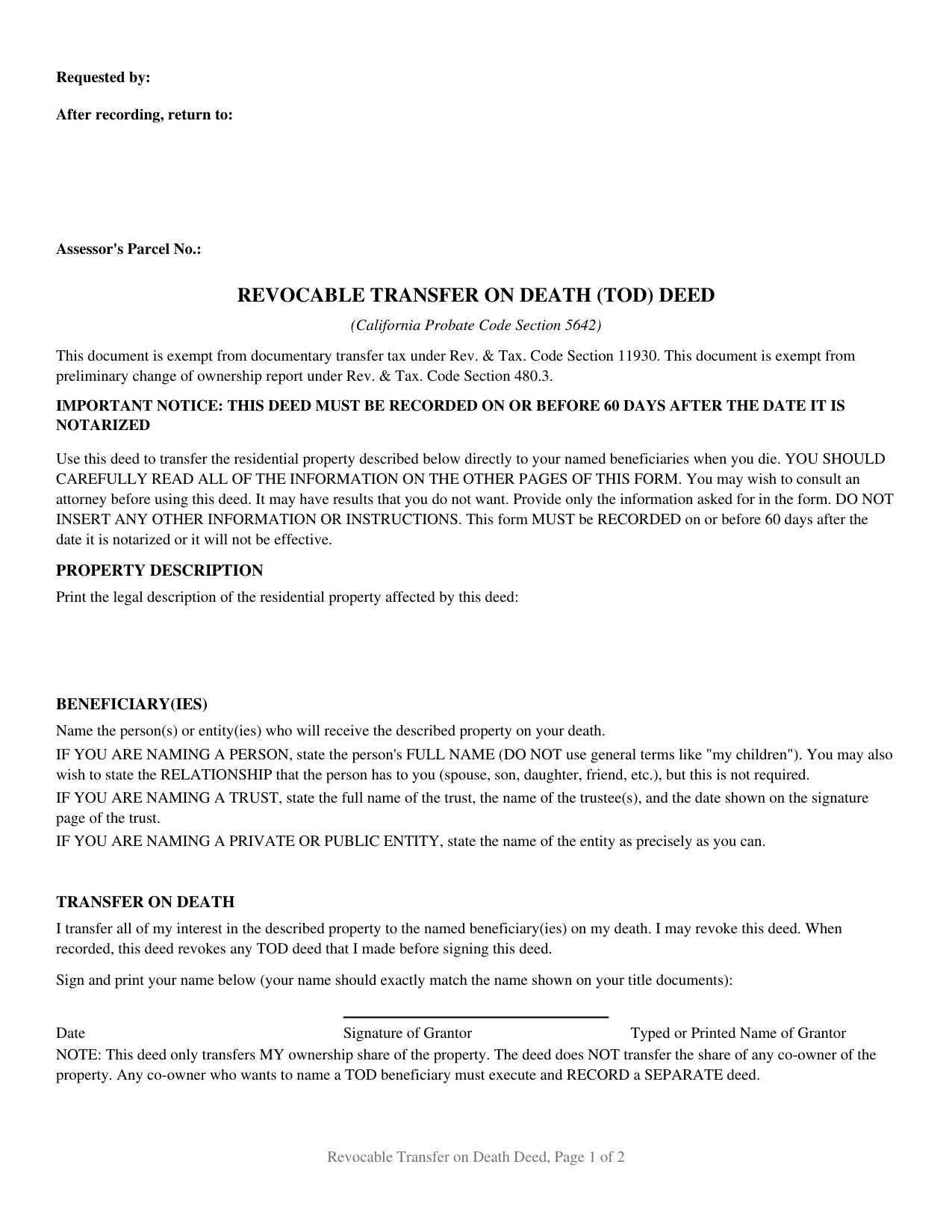 California Revocable Transfer on Death Deed (One Individual Beneficiary)