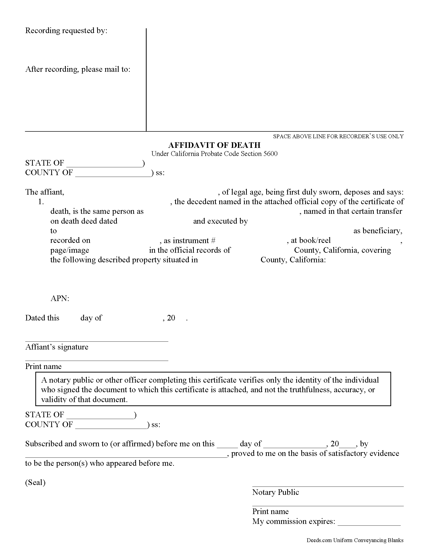 California Transfer on Death Affidavit Image