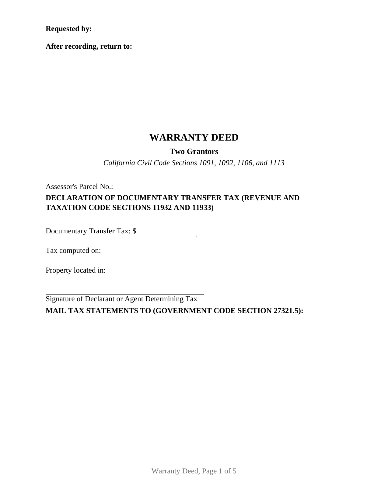 California Warranty Deed (Two Grantors)
