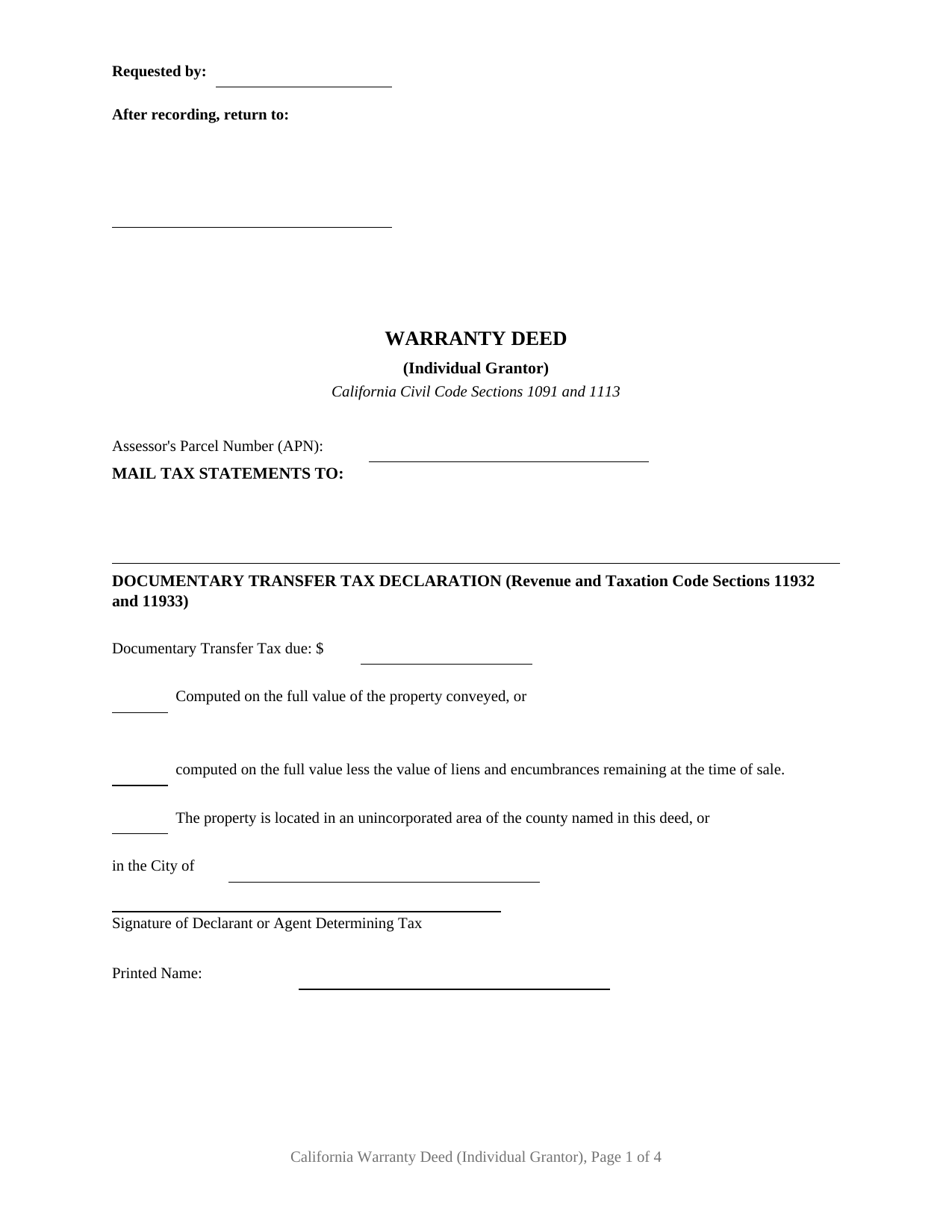 California Warranty Deed (Individual Grantor)