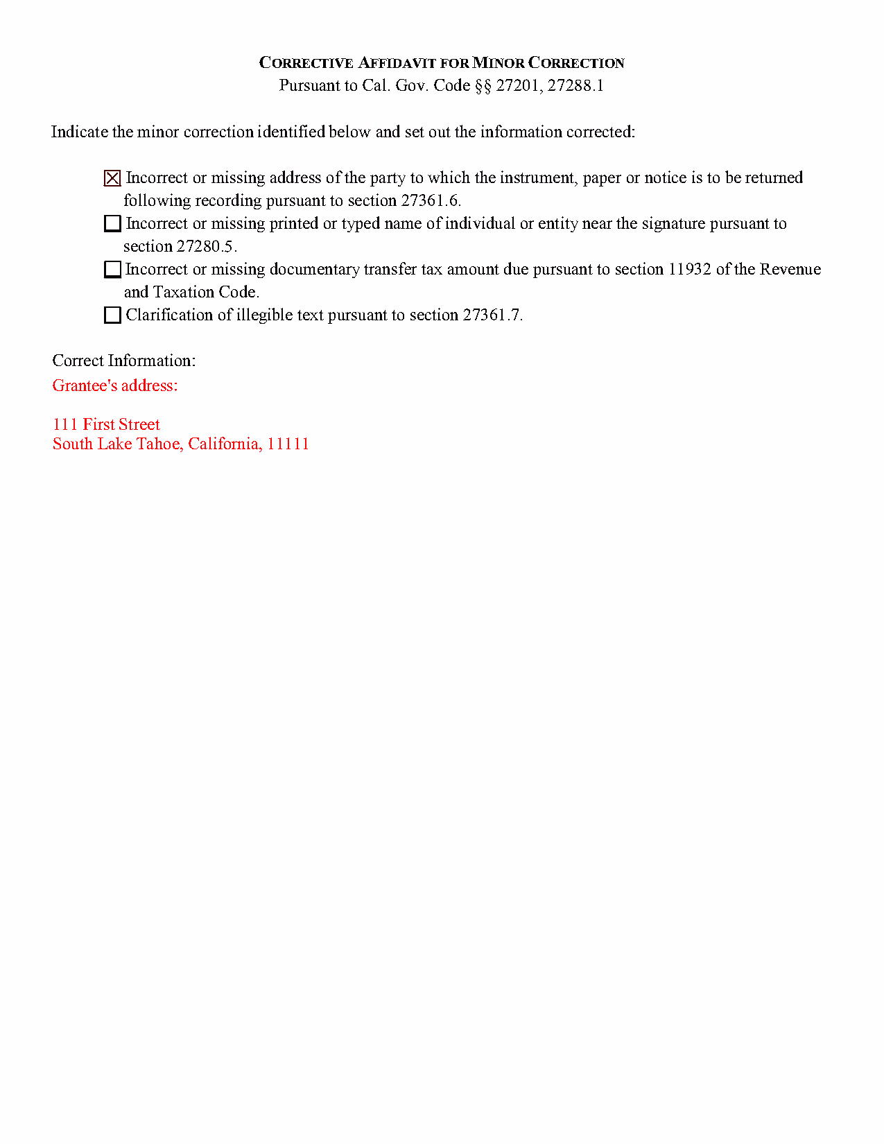 Mariposa County Completed Example of the Corrective Affidavit Document