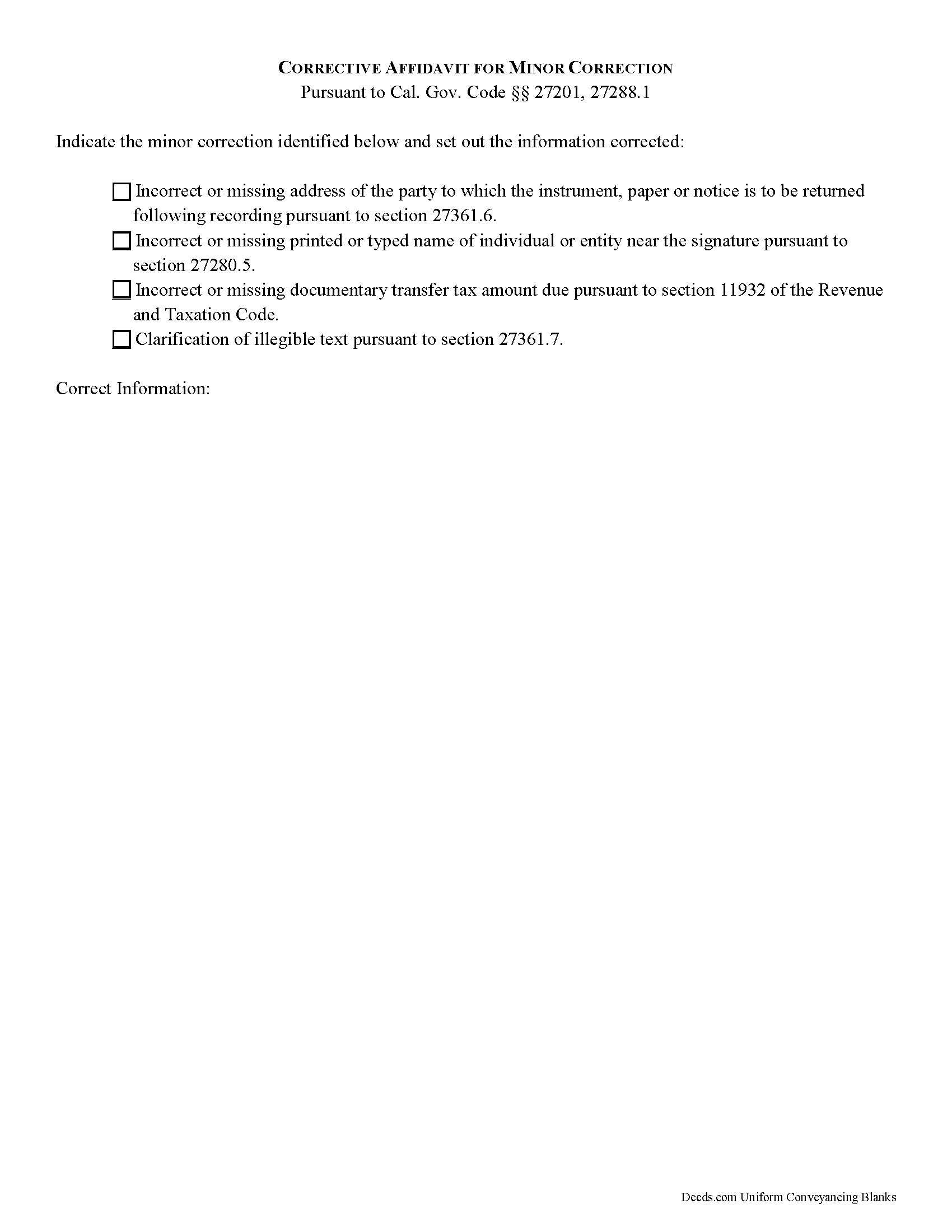 Mariposa County Corrective Affidavit for Minor Correction Form