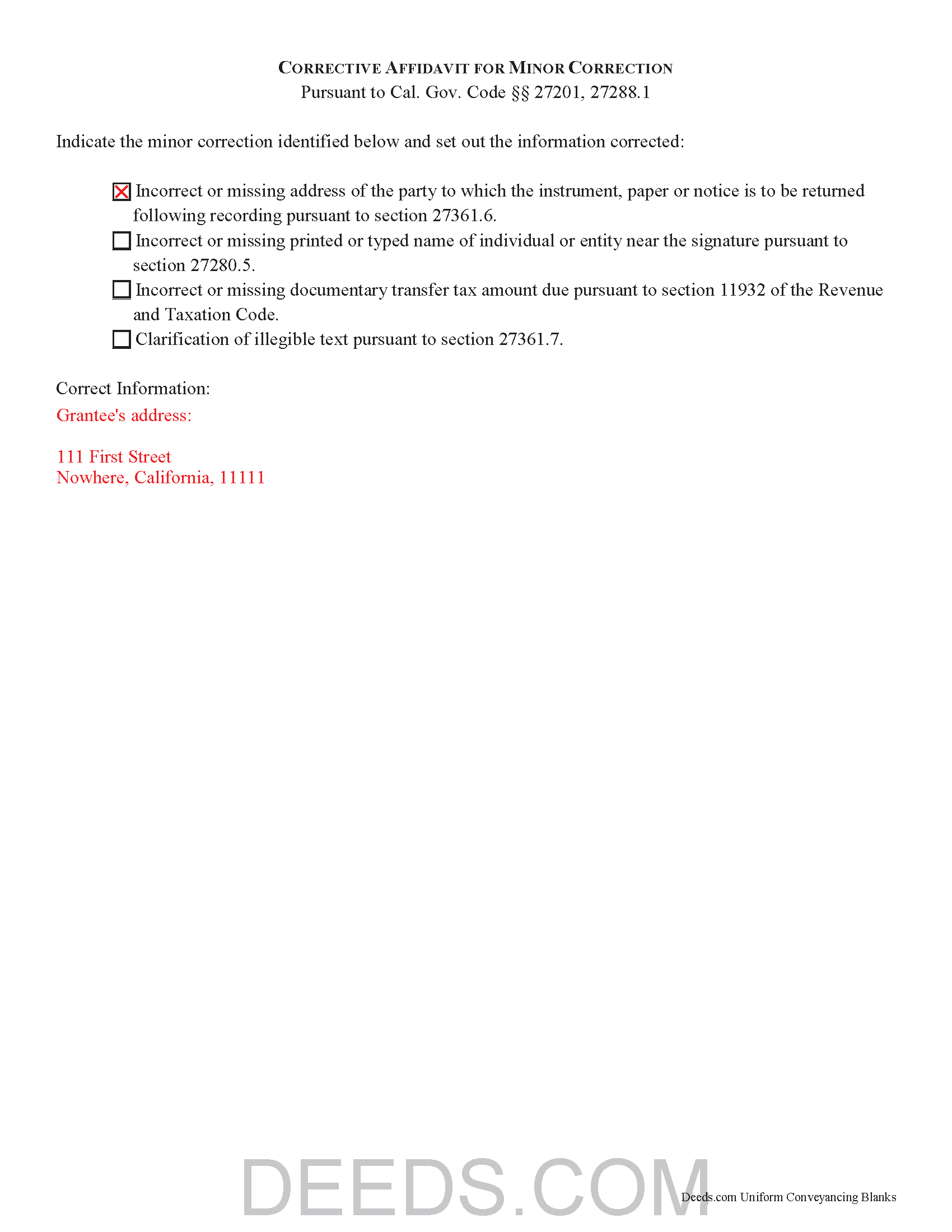 Alameda County Completed Example of the Deed Corrective Affidavit Document