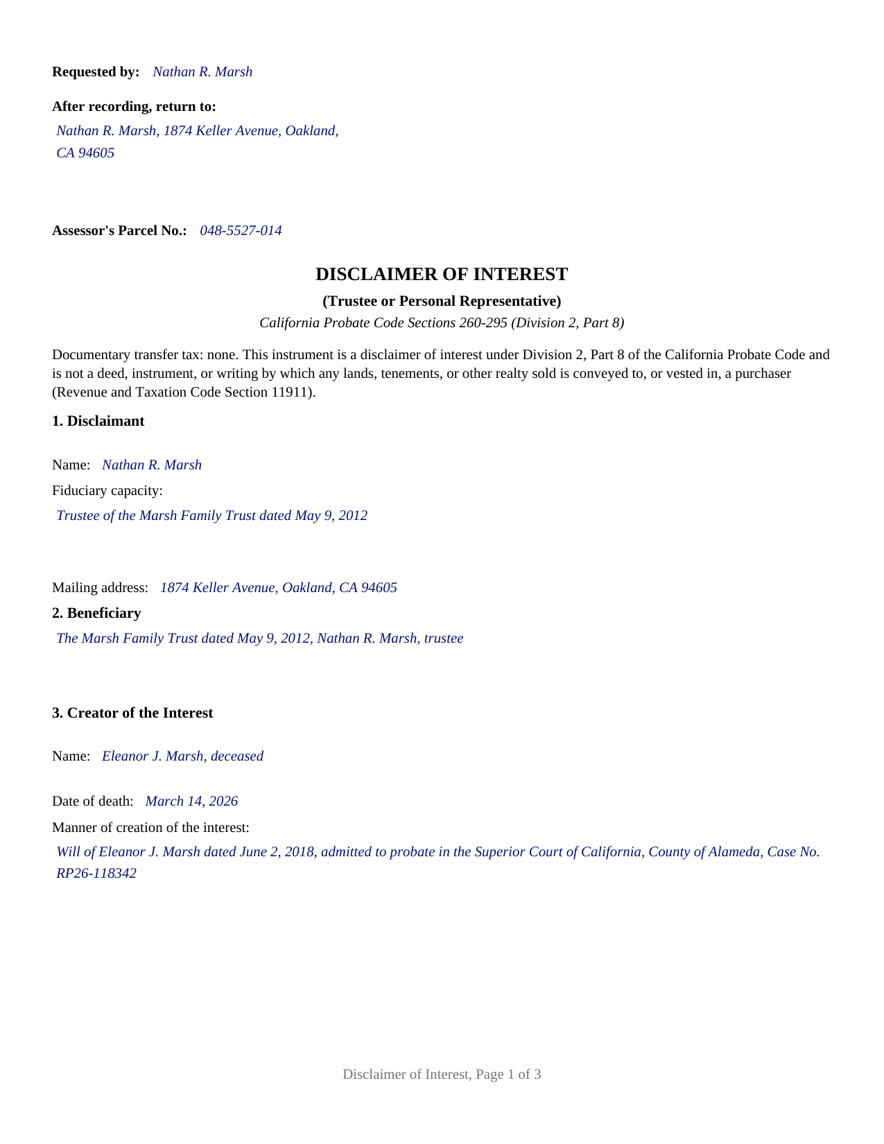 Modoc County Completed Example of the Disclaimer of Interest (Trustee or Personal Representative) Document