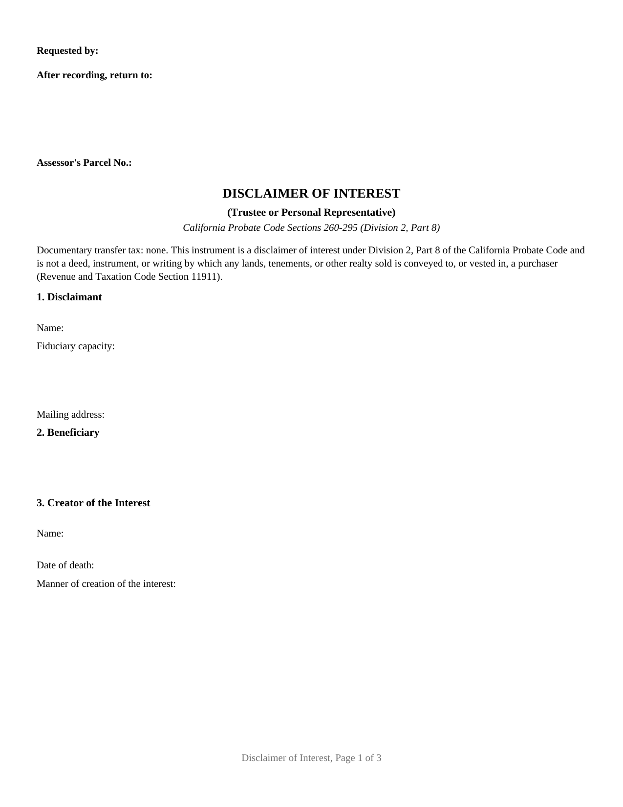 Modoc County Disclaimer of Interest (Trustee or Personal Representative) Form