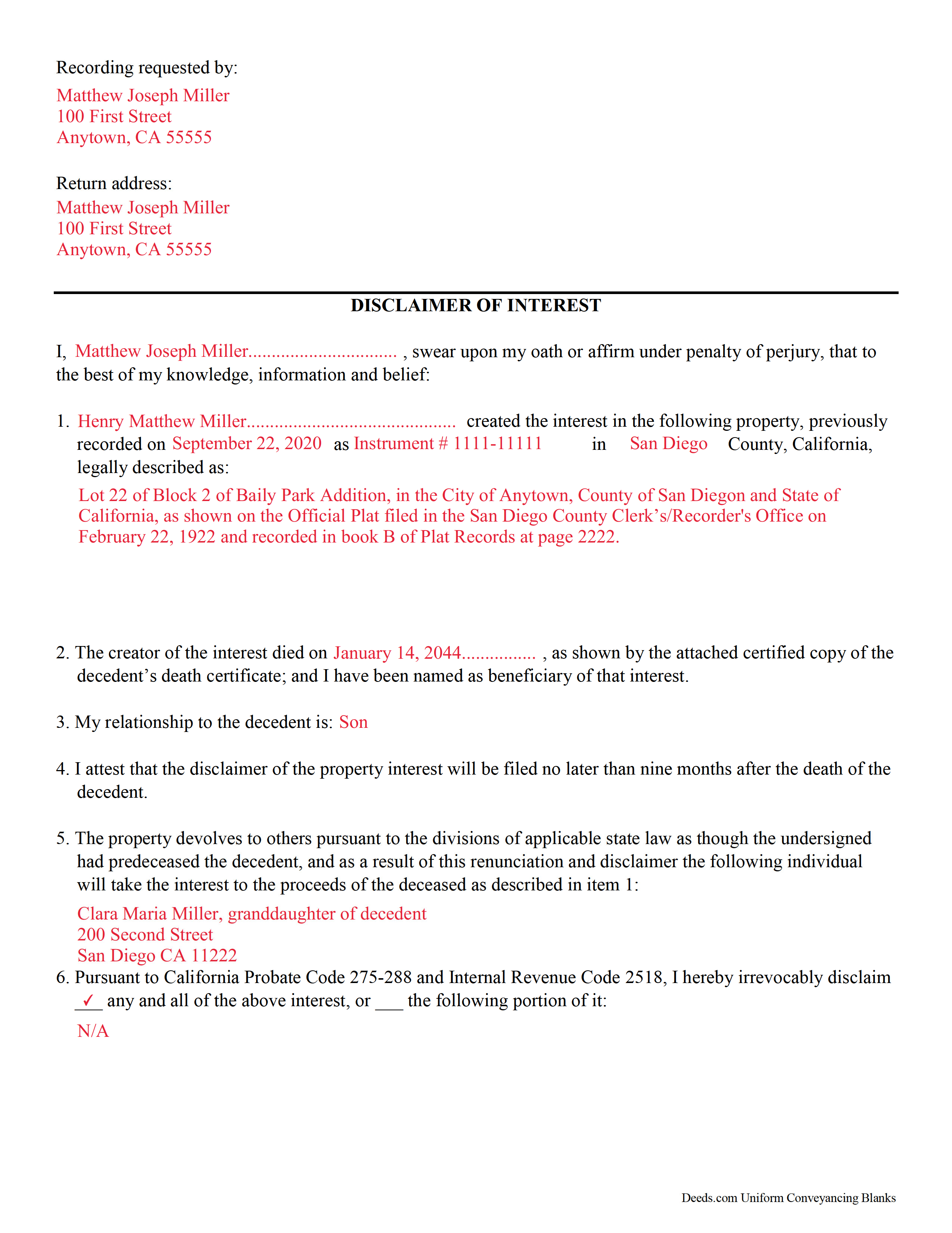 Completed Example of the Disclaimer of Interest Form