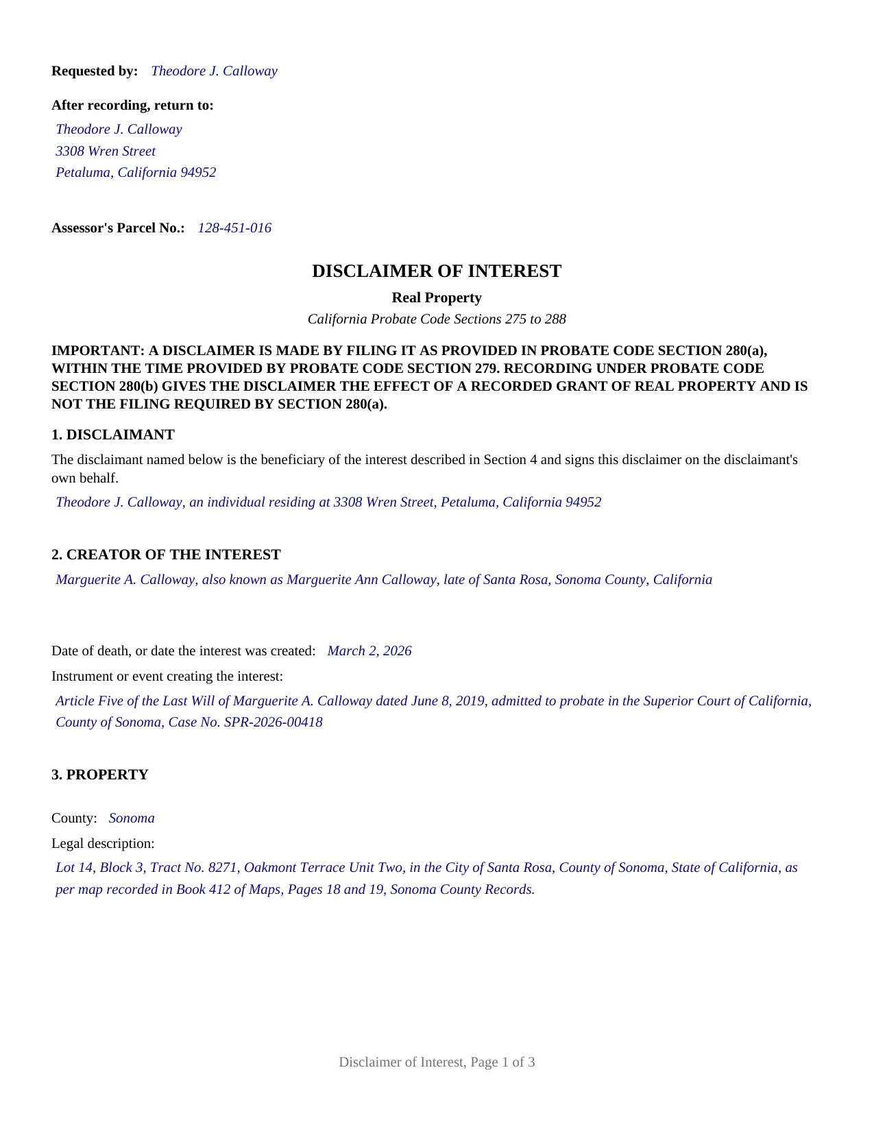 Colusa County Completed Example of the Disclaimer of Interest Document