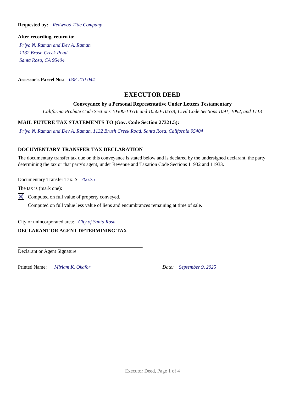 Alpine County Completed Example of the Executor Deed Document