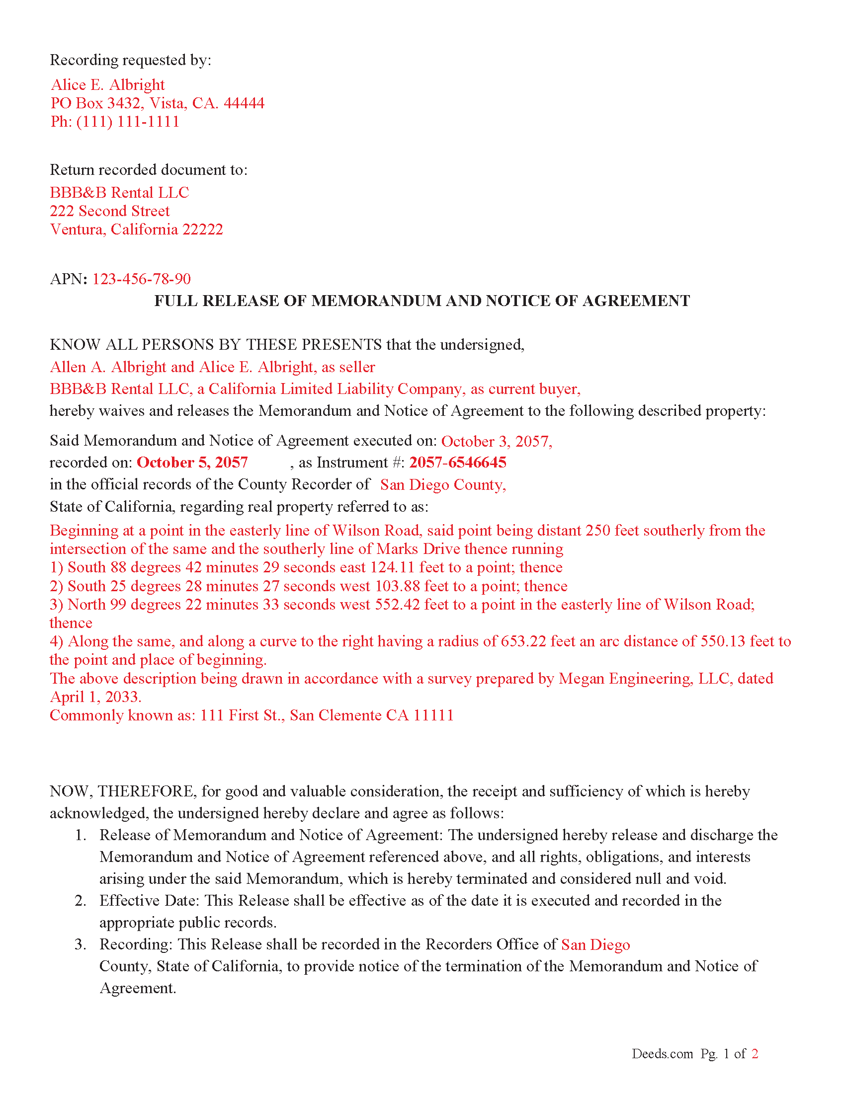 Lassen County Completed Example of the Full Release of Memorandum and Notice of Agreement Document