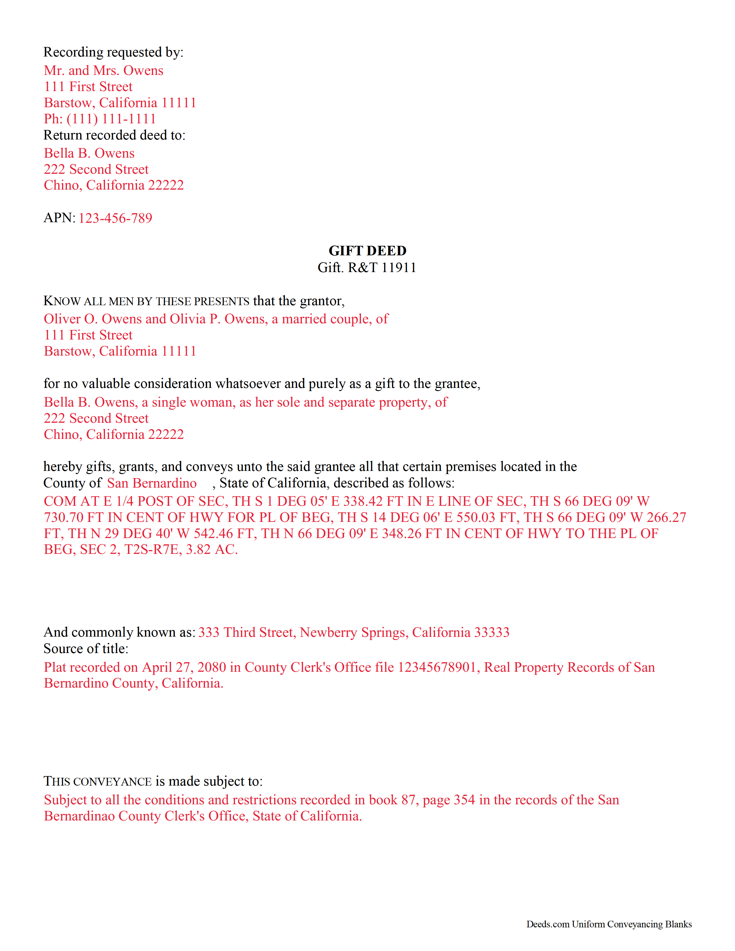 Merced County Completed Example of the Gift Deed Document