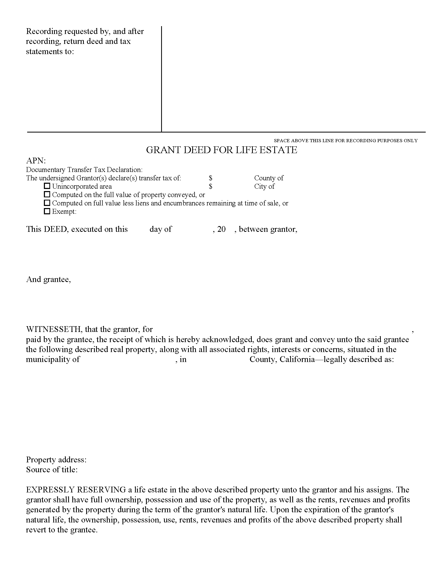 Lassen County Grant Deed for Life Estate Form