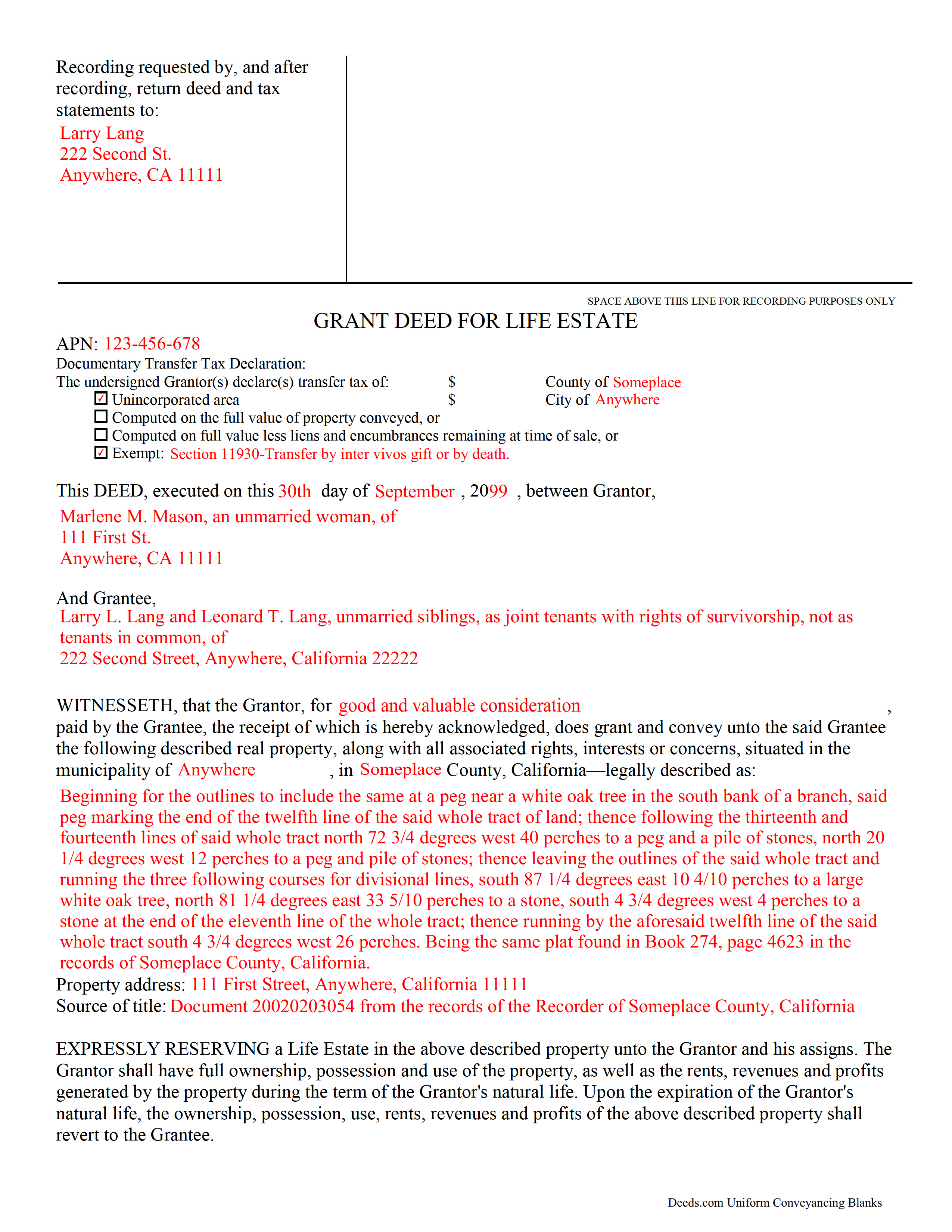 Completed Example of a Grant Deed for Life Estate Document