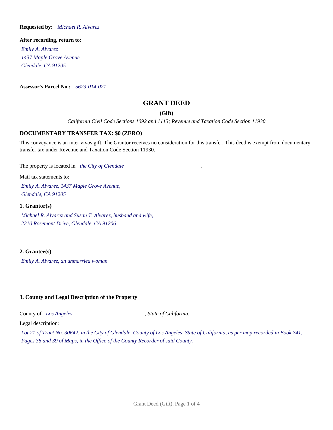 Humboldt County Completed Example of the Grant Deed (Gift) Document