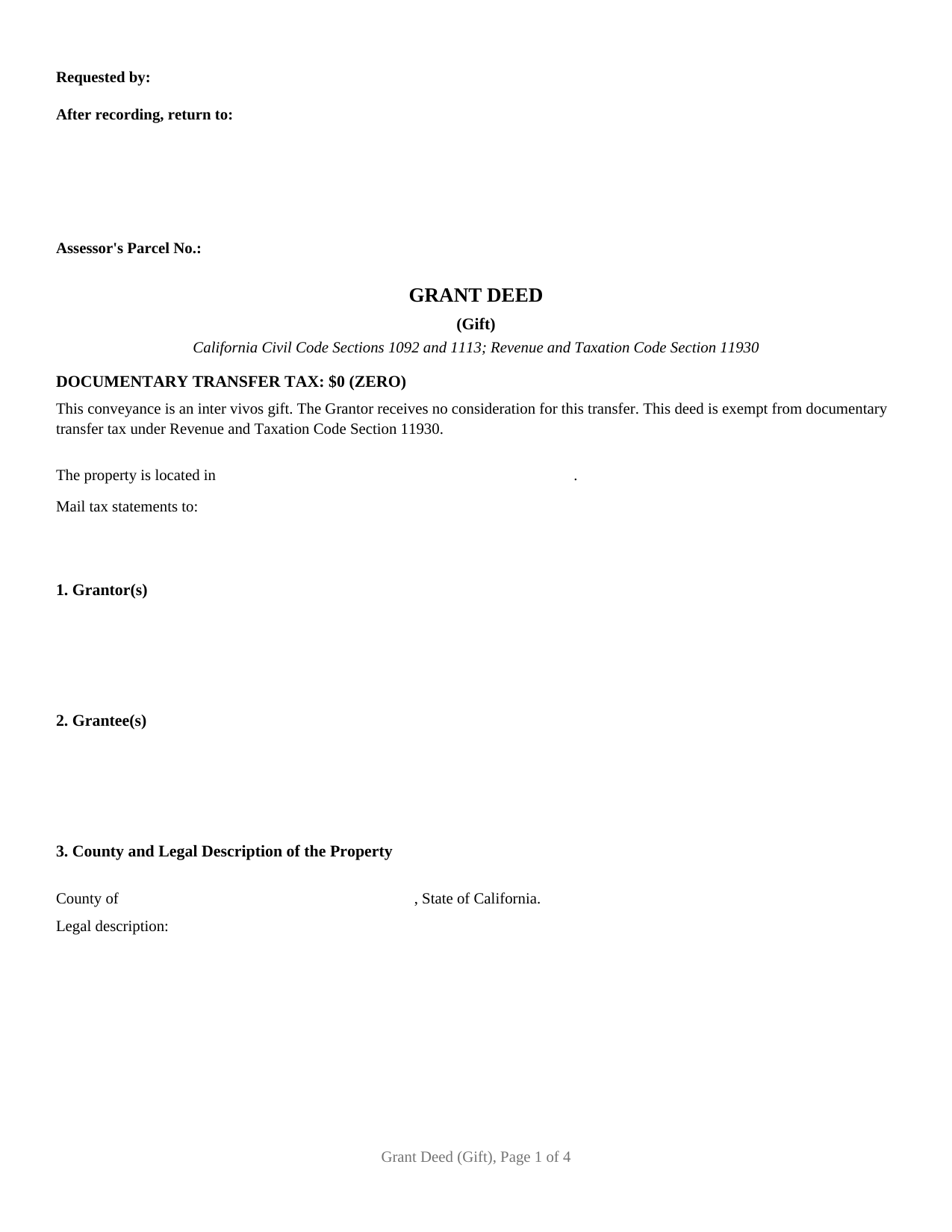 Humboldt County Grant Deed (Gift) Form