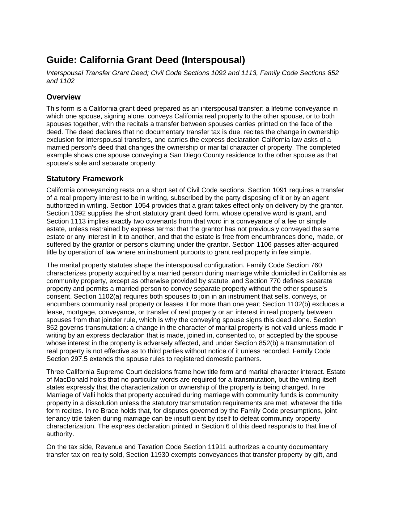 San Luis Obispo County Grant Deed (Interspousal) Guide