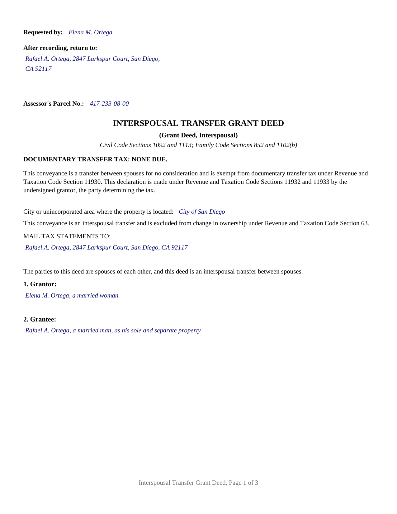 San Luis Obispo County Completed Example of the Grant Deed (Interspousal) Document