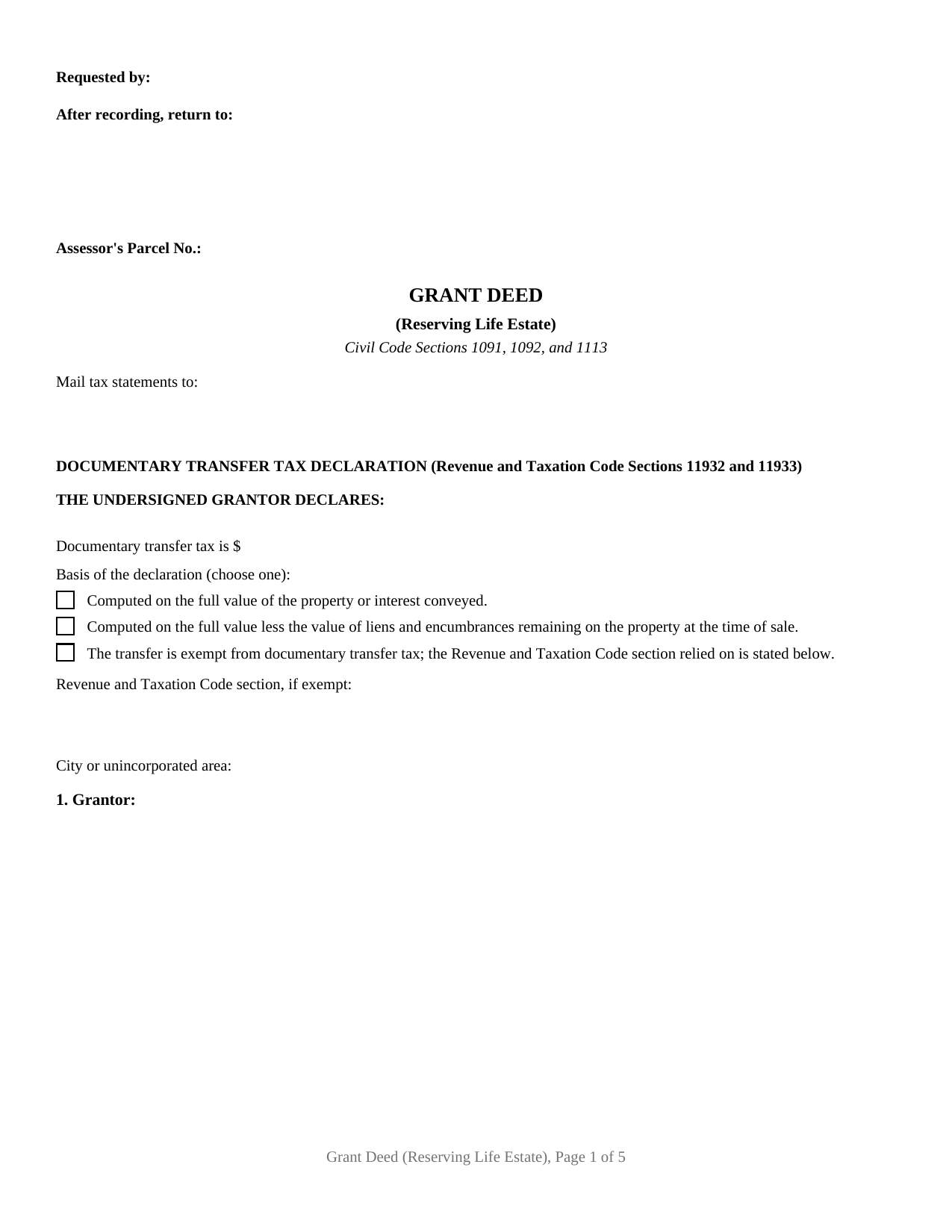 Lake County Grant Deed (Reserving Life Estate) Form