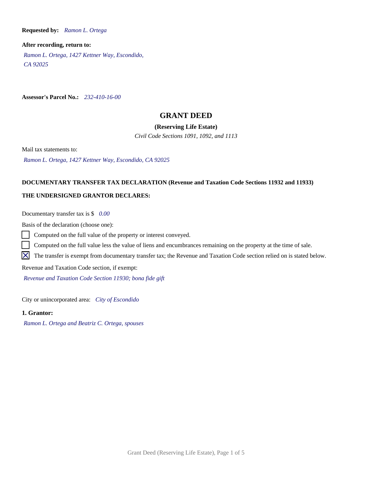Lake County Completed Example of the Grant Deed (Reserving Life Estate) Document