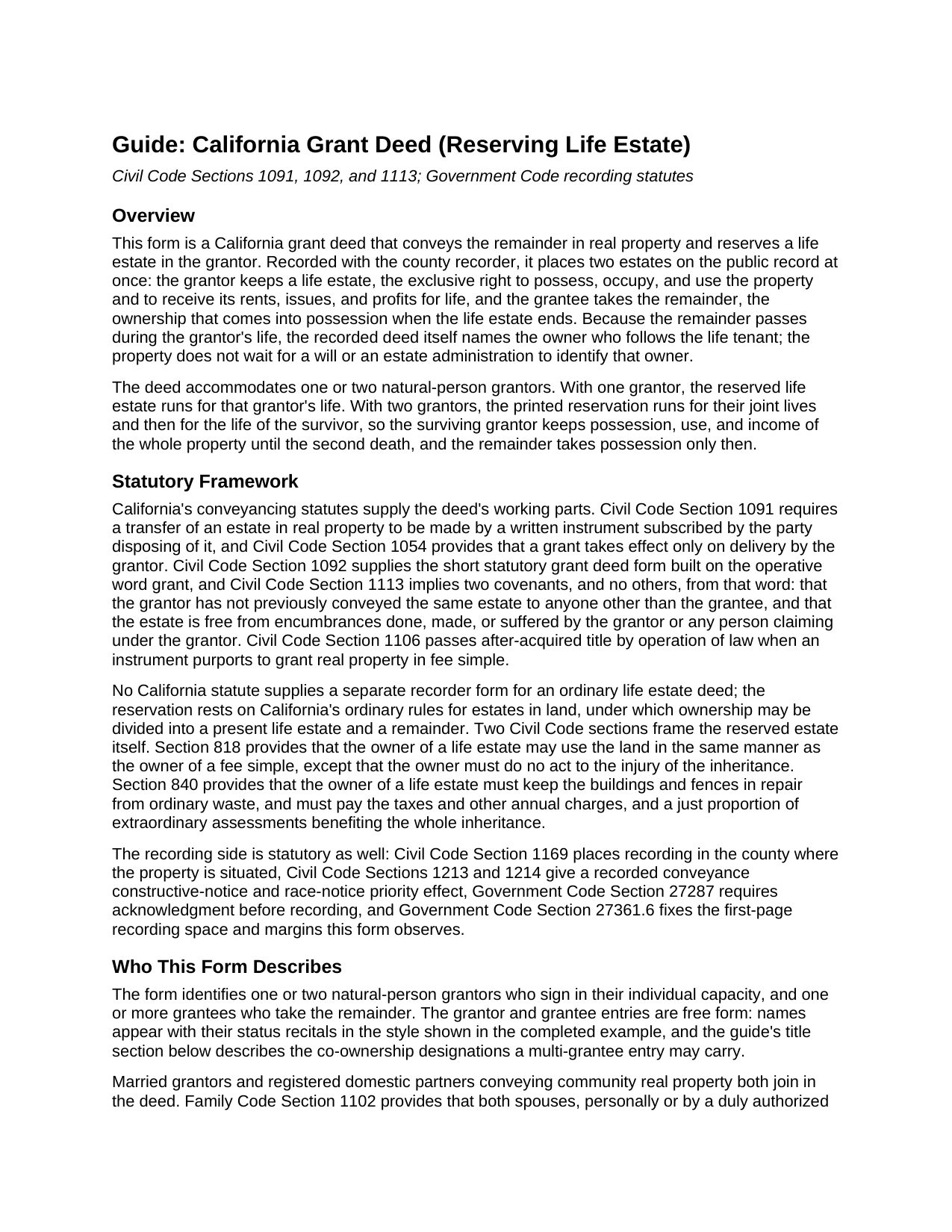 Lake County Grant Deed (Reserving Life Estate) Guide