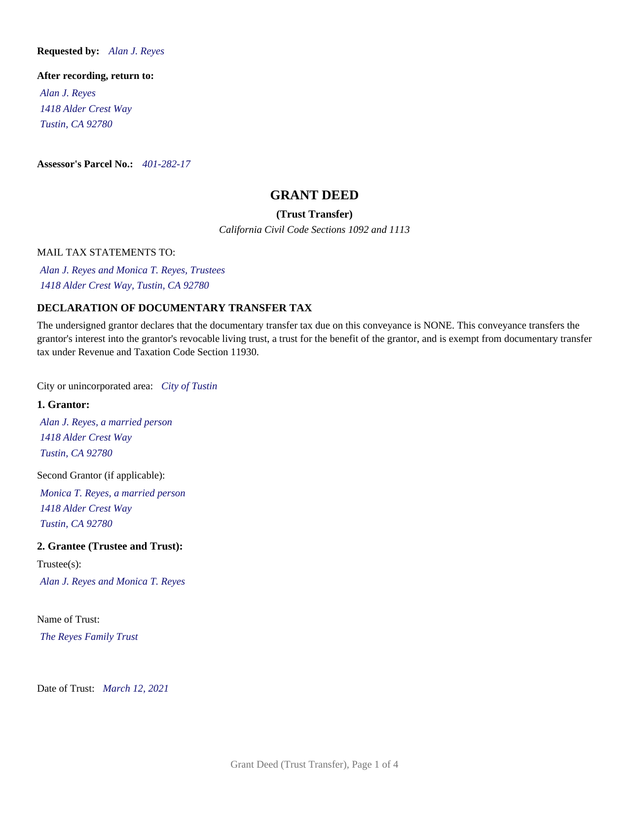 Colusa County Completed Example of the Grant Deed (Trust Transfer) Document