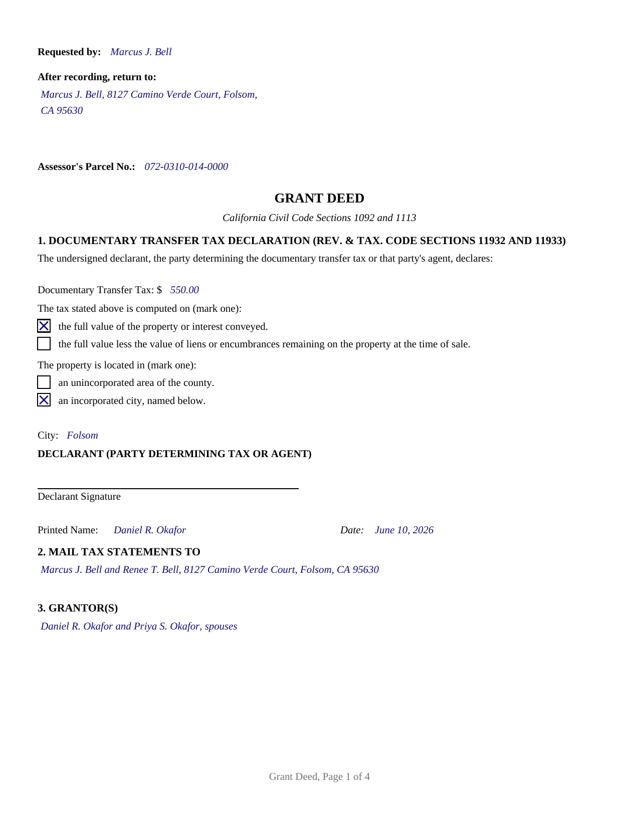 Tuolumne County Completed Example of the Grant Deed Document