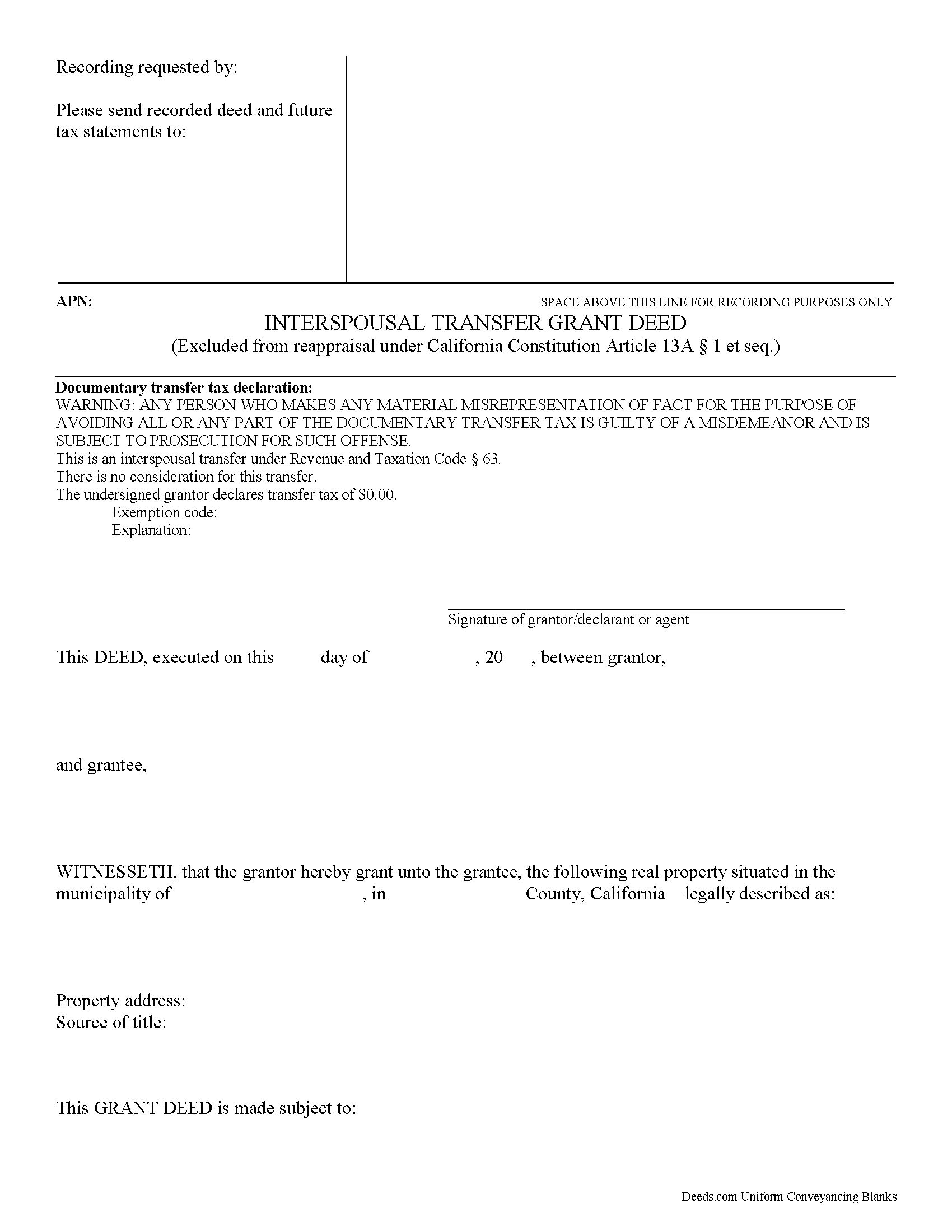 Santa Clara County Interspousal Transfer Grant Deed Form 