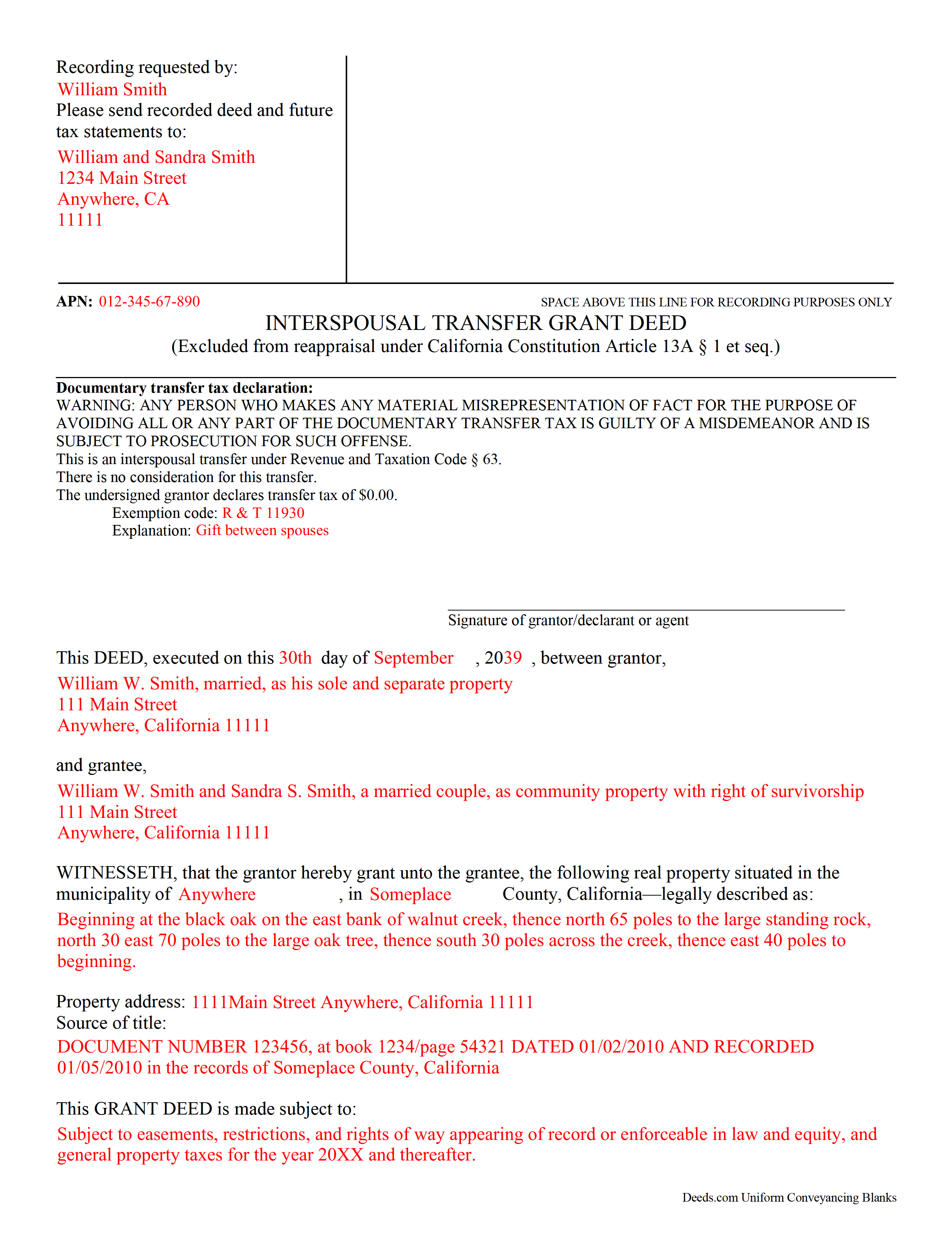 Completed Example of the Interspousal Transfer Grant Deed Document