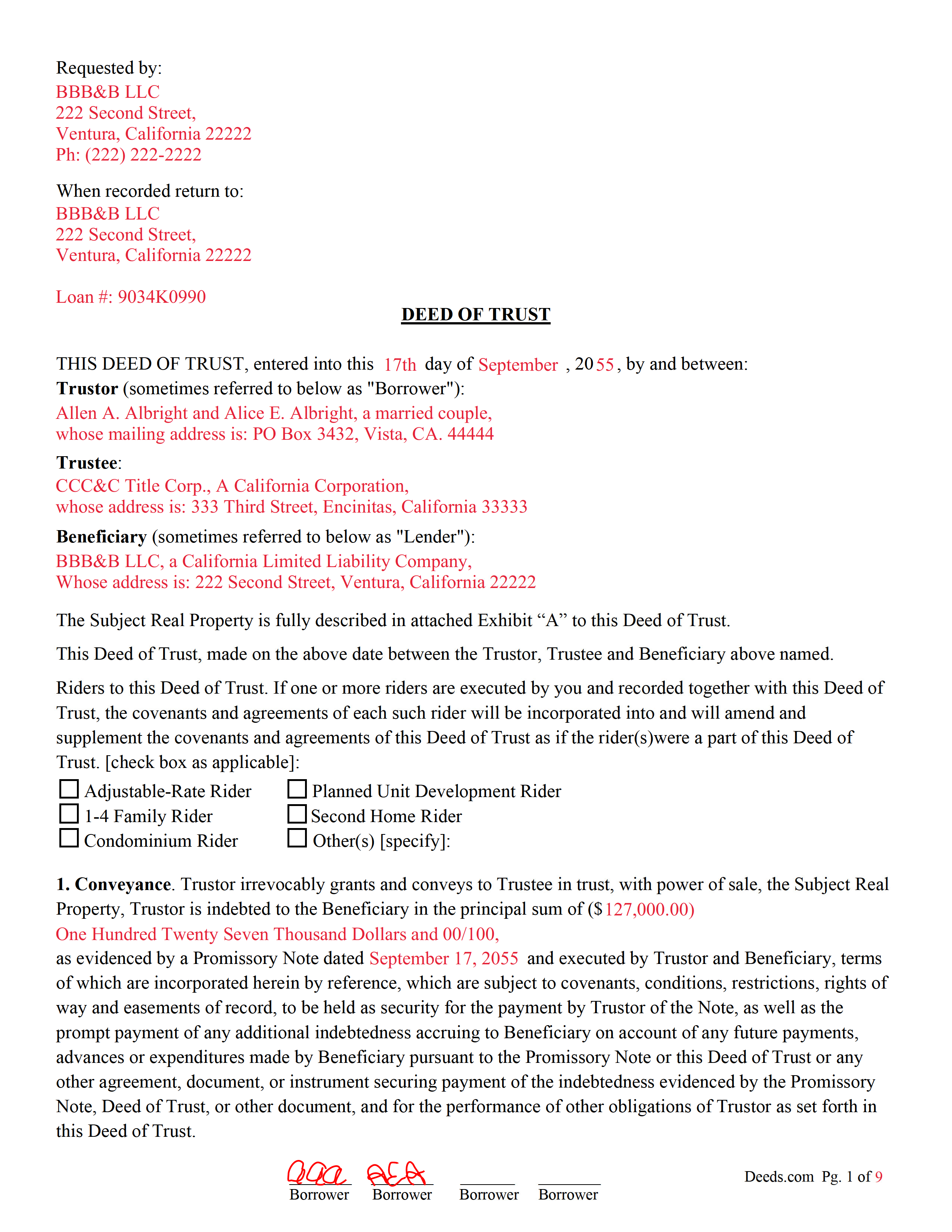 Mariposa County Completed Example of the Deed of Trust Document