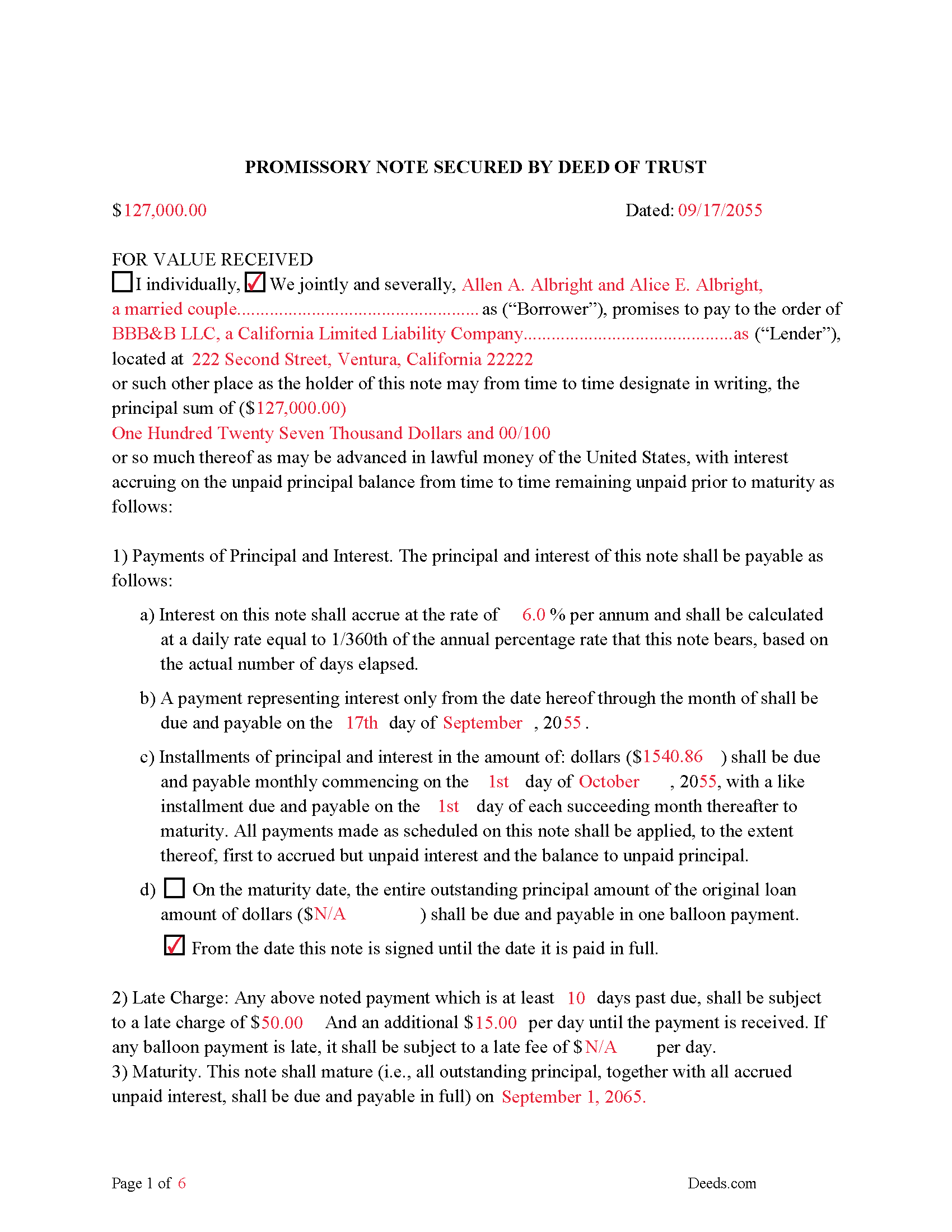Mariposa County Completed Example of the Promissory Note Document