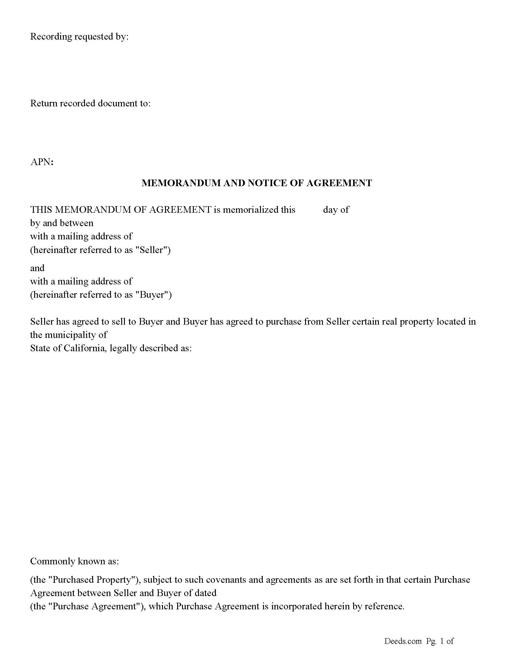 Trinity County Memorandum and Notice of Agreement Form