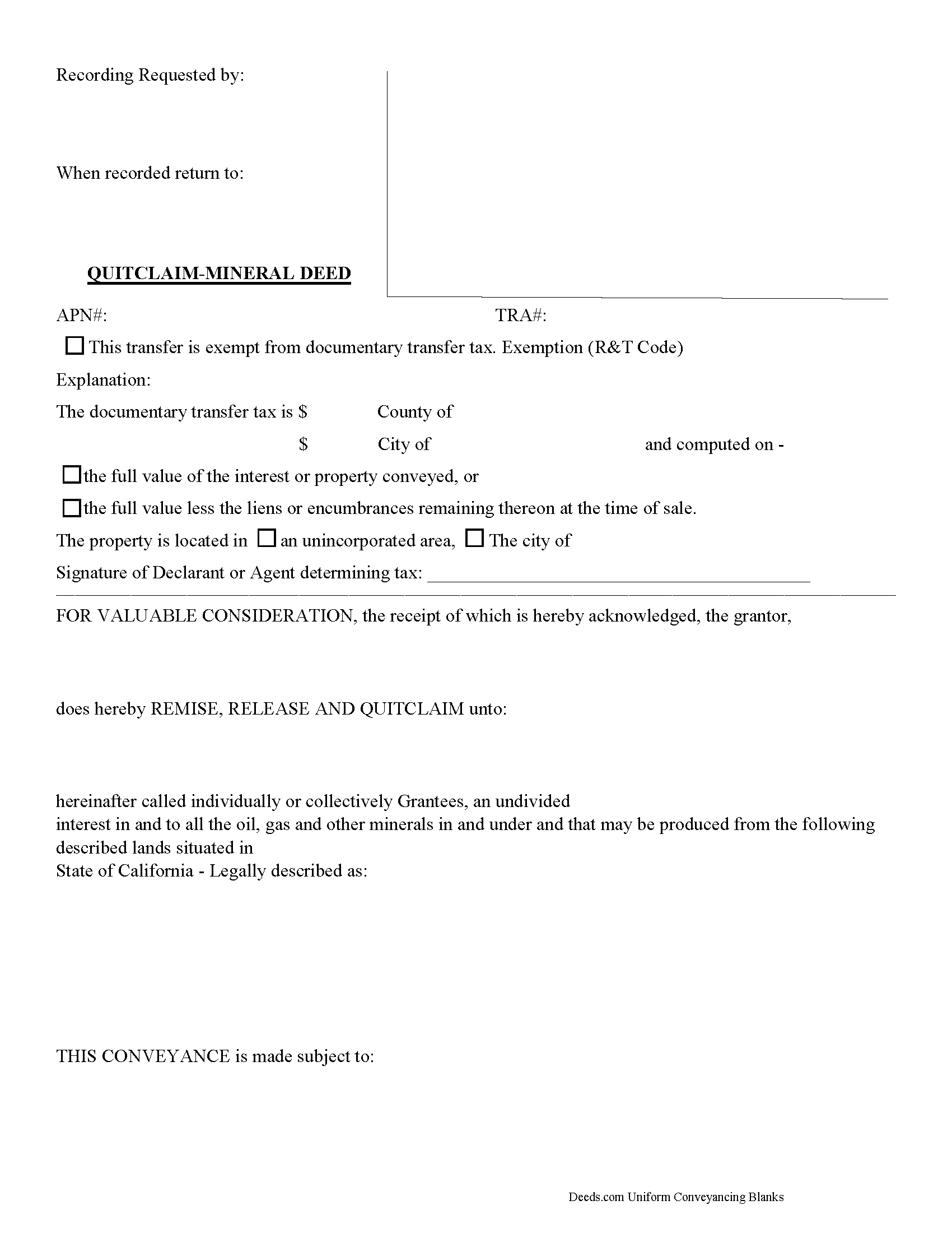 Tuolumne County Mineral Deed with Quitclaim Covenants Form
