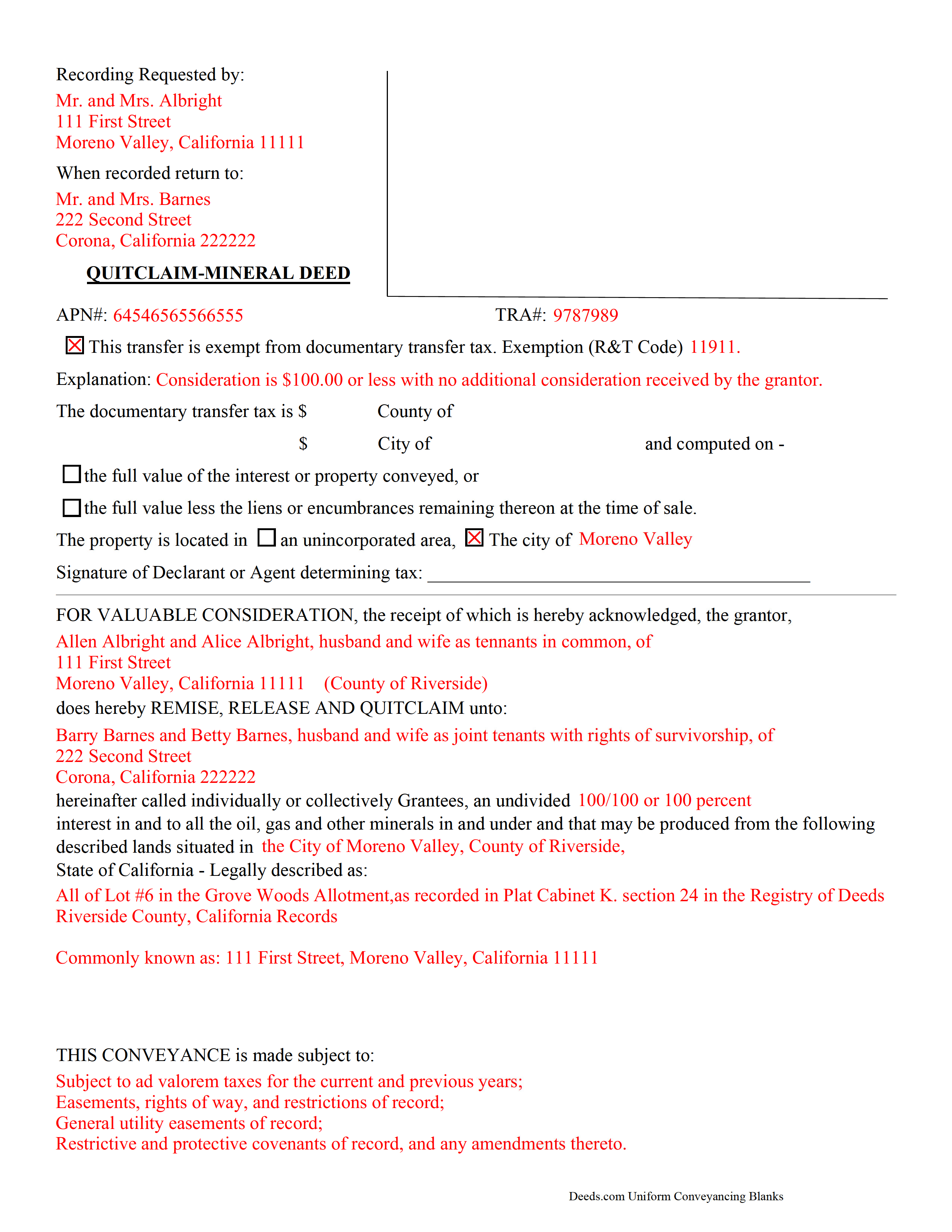 Tuolumne County Completed Example of the Mineral Deed with Quitclaim Covenants Document