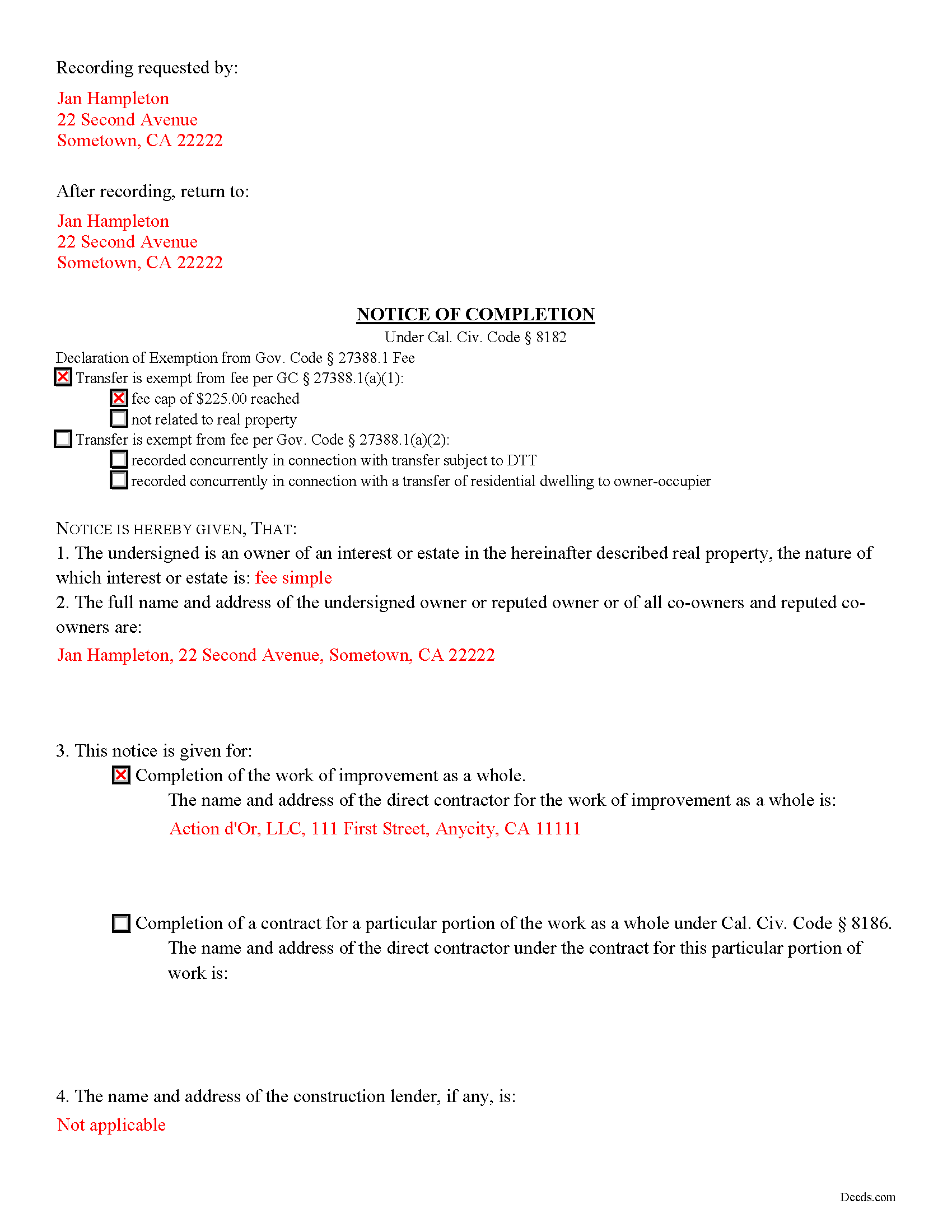 Completed Example of the Notice of Completion Document
