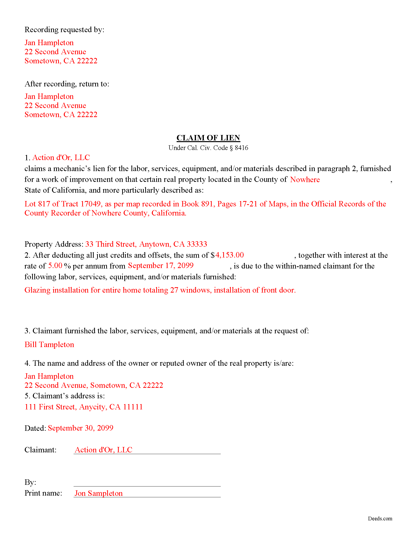 Completed Example of the Notice of Mechanics Lien Document