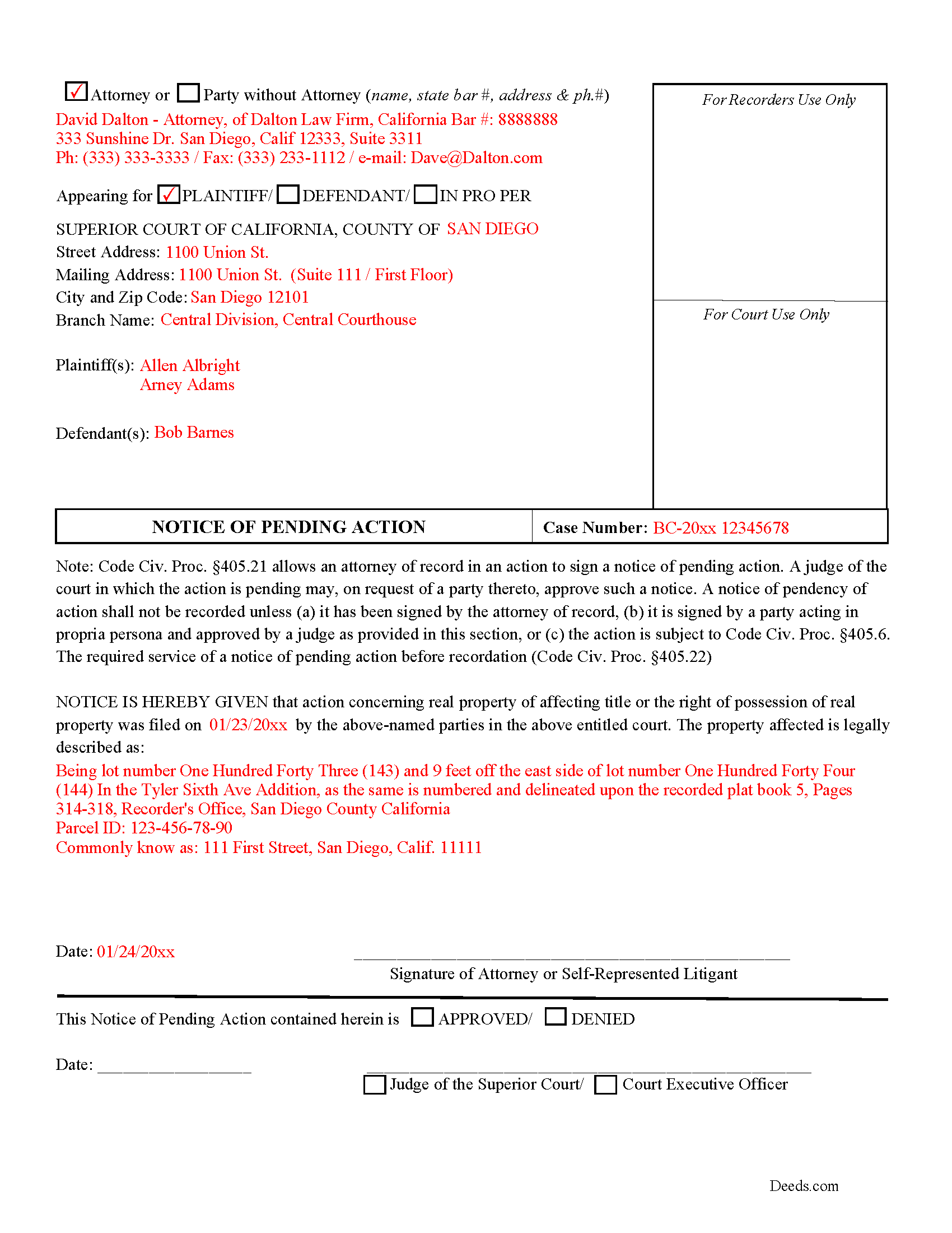 Completed Example of the Notice of Pending Action Document