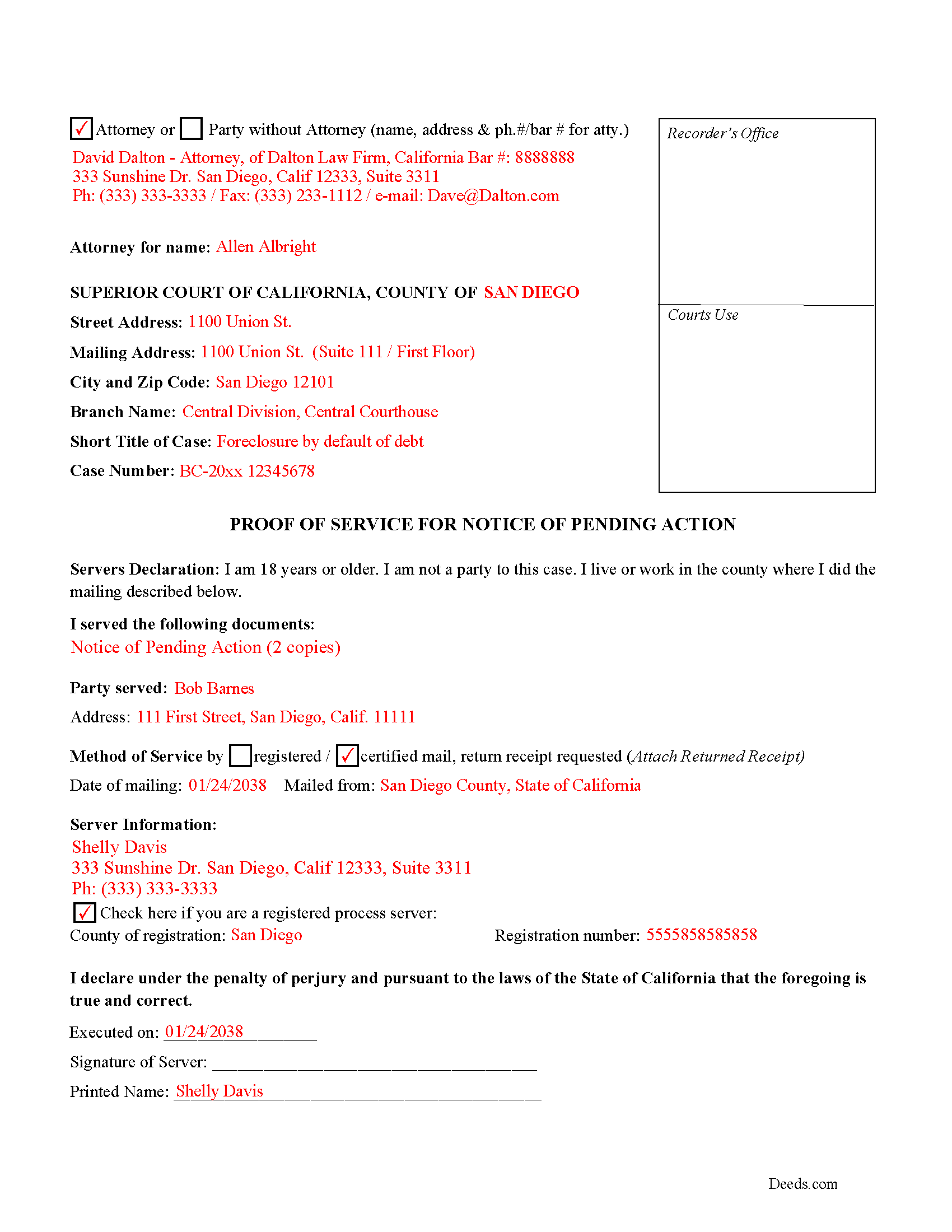 Completed Example of the Proof of Service Document