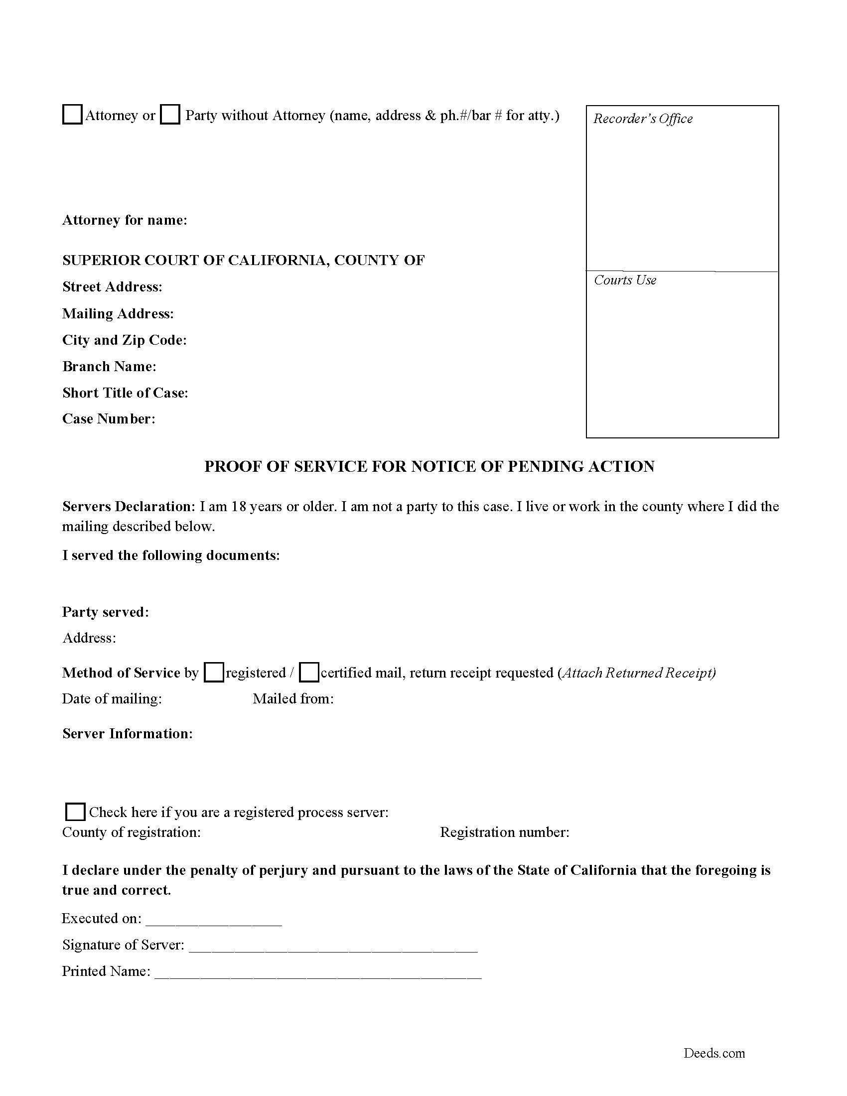 Notice of Pending Action Form