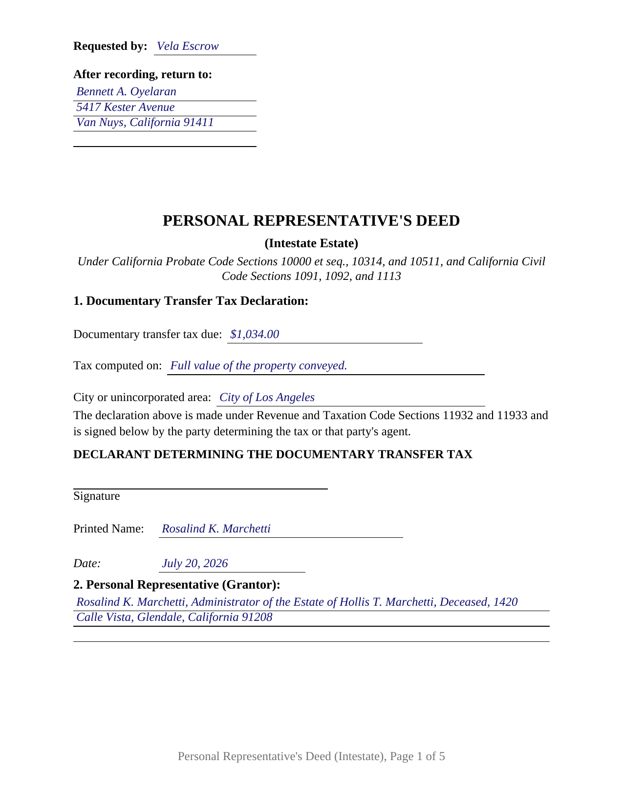 Santa Clara County Completed Example of the Personal Representative Deed (Intestate) Document