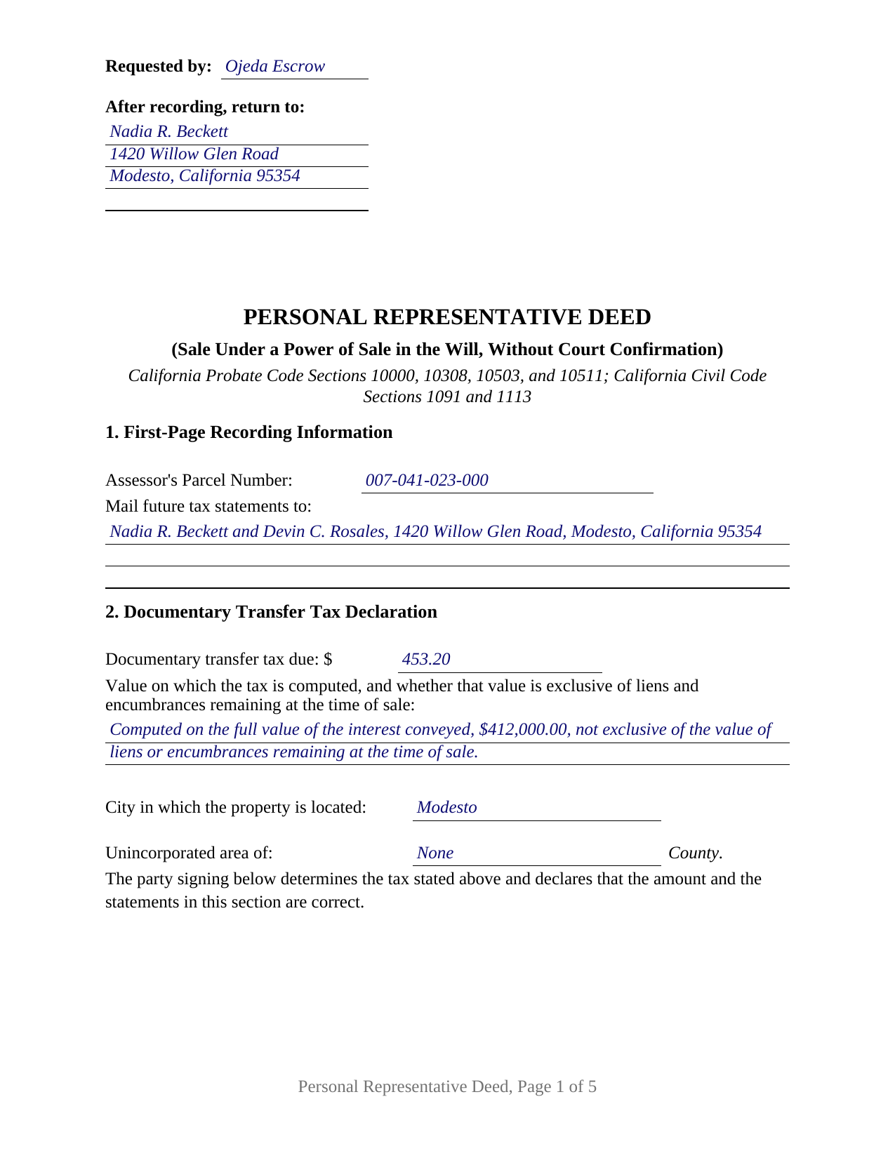 Trinity County Completed Example of the Personal Representative Deed (Power of Sale) Document